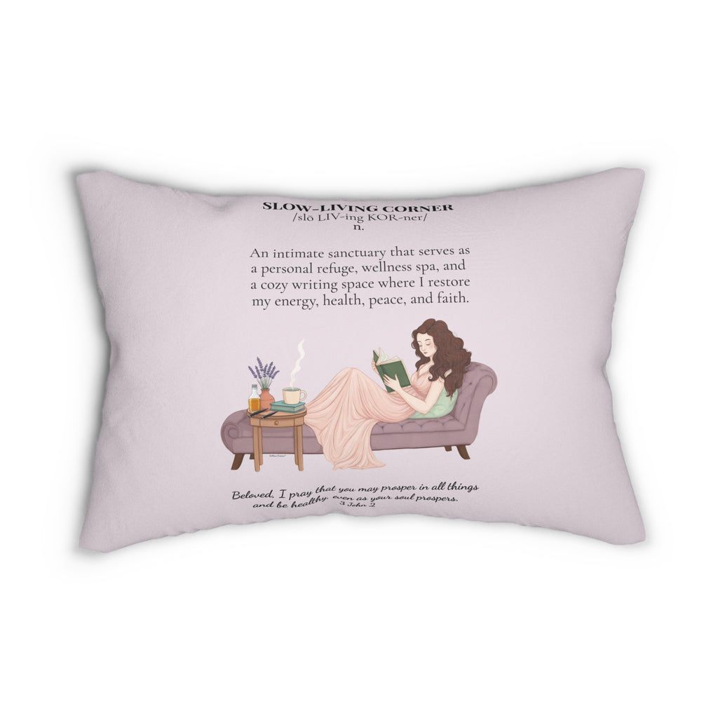 “Slow-Living Corner” & Lavender Reading Nook Lumbar Pillow — Cozy Prayer Blessing (Pink)