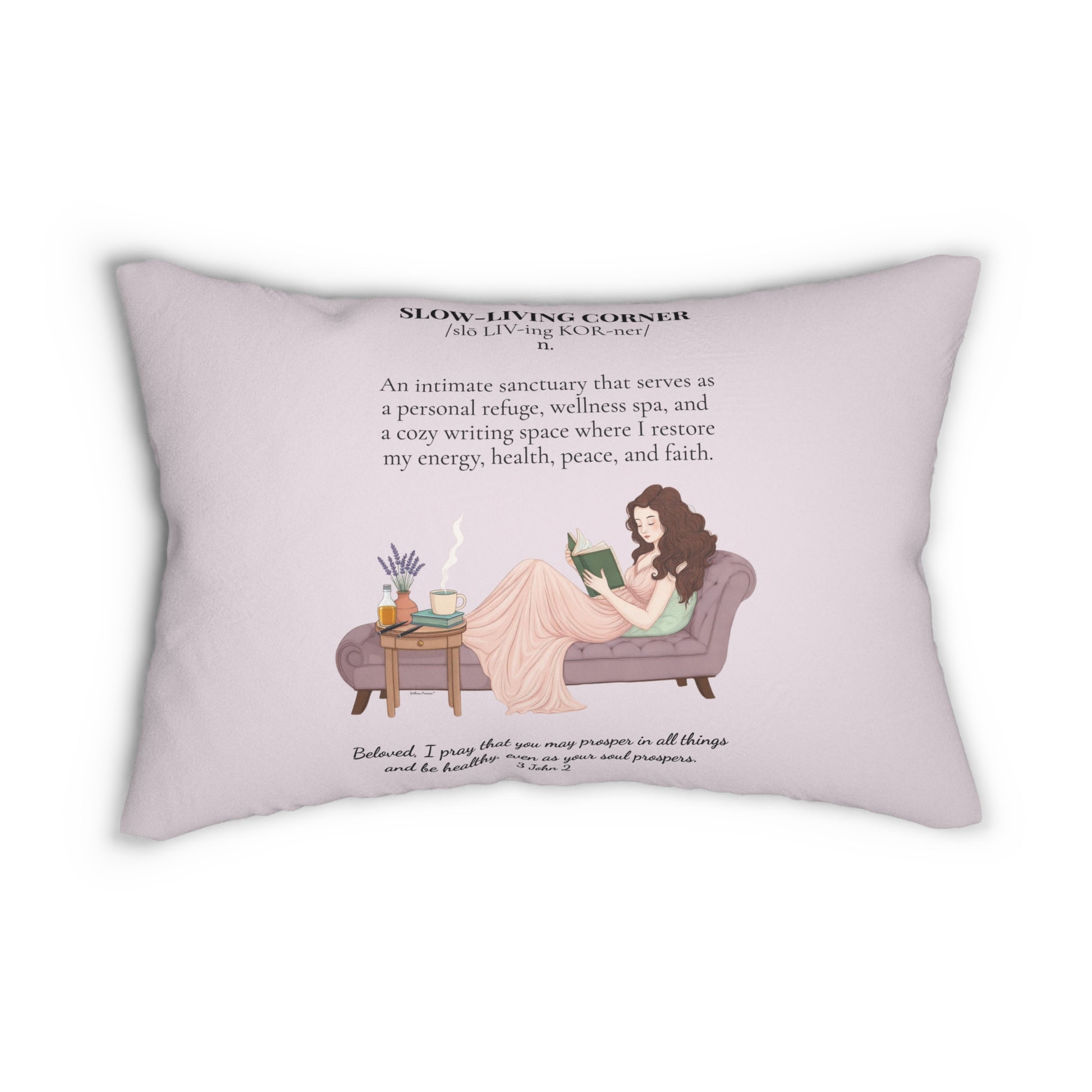 “Slow-Living Corner” & Lavender Reading Nook Lumbar Pillow — Cozy Prayer Blessing (Pink)