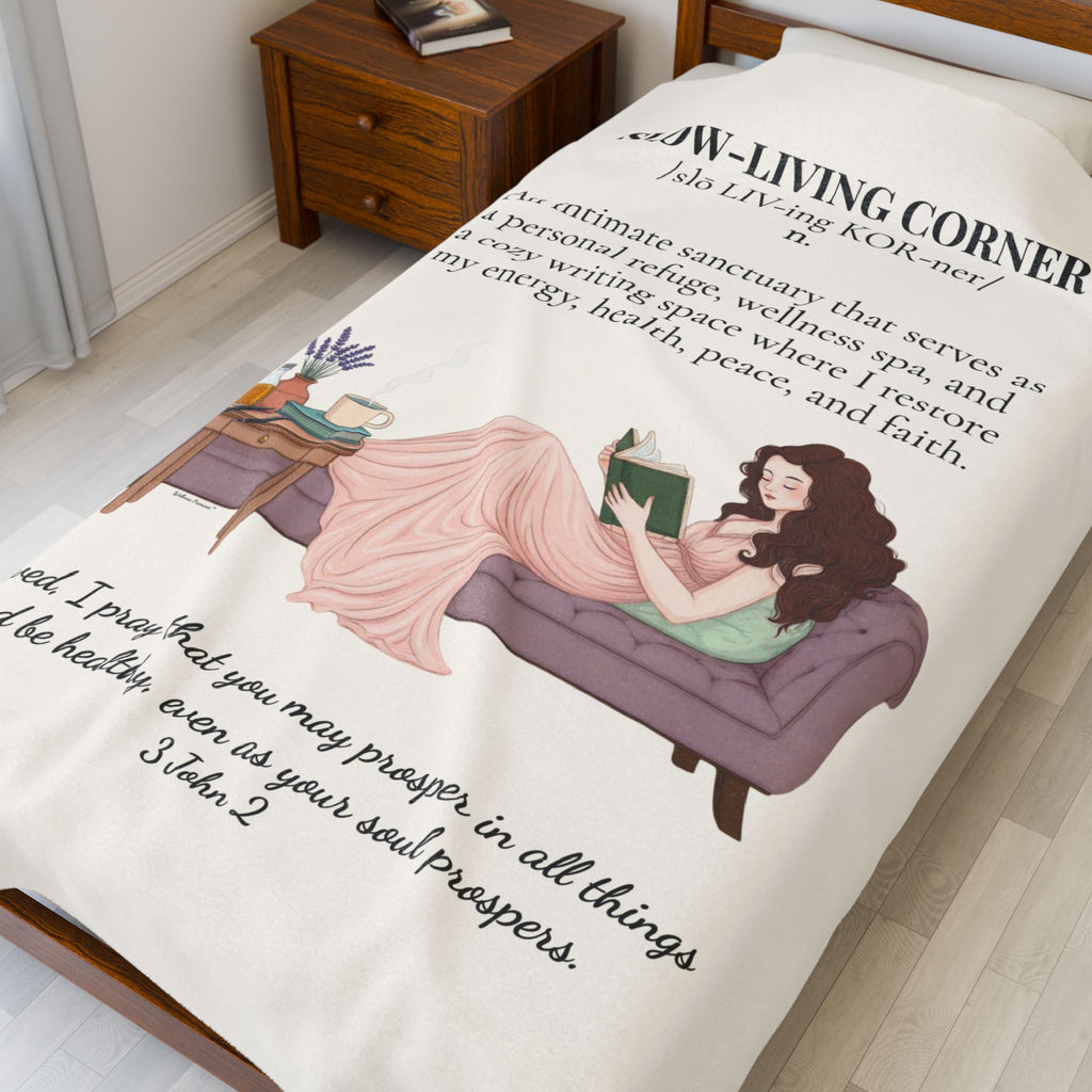 Slow-Living Corner Velveteen Plush Blanket — Cozy Reading Nook Throw with Inspirational Quote (Beige)