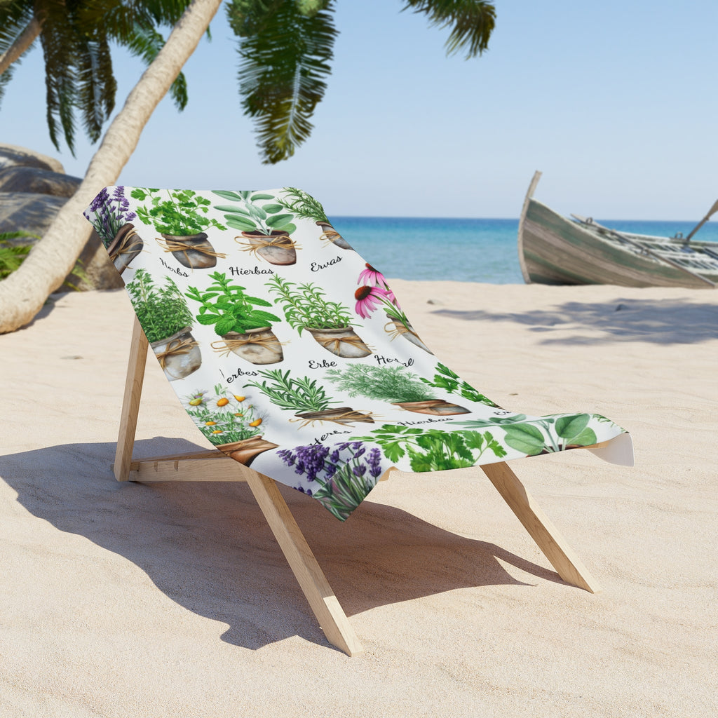 Herbal 6 Languages Beach Towel, Perfect for Summer Fun, Ideal for Poolside Relaxation, Gardener Gift, Tropical Retreat Decor