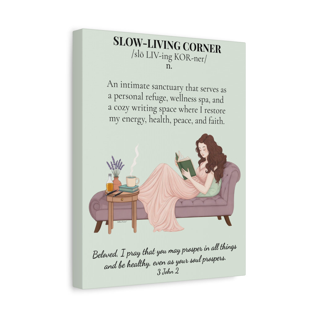 Slow-Living Corner Matte Canvas Wall Art — Cozy Sanctuary Definition with Scripture (Mint Green)