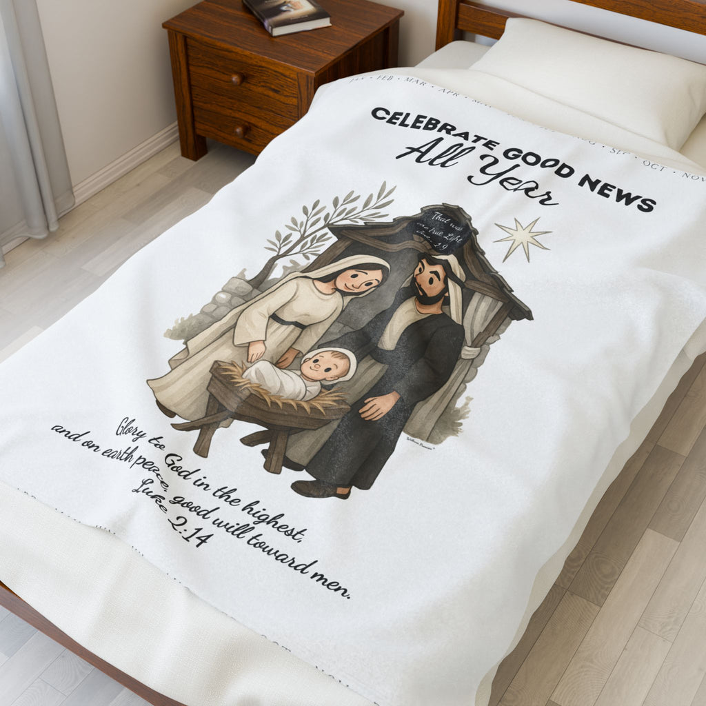 Nativity Year Round Velveteen Blanket - (White Color)  "Celebrate Good News All Year"  Nativity Throw