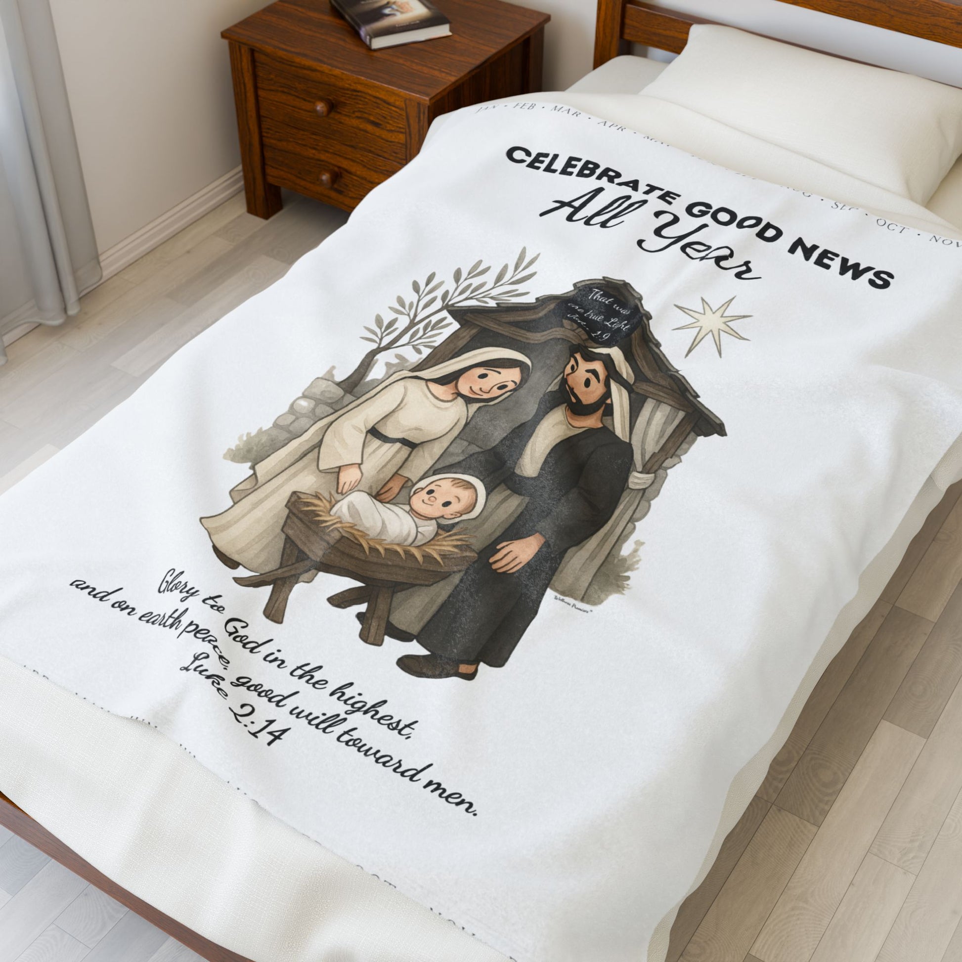 Nativity Year Round Velveteen Blanket - (White Color)  "Celebrate Good News All Year"  Nativity Throw