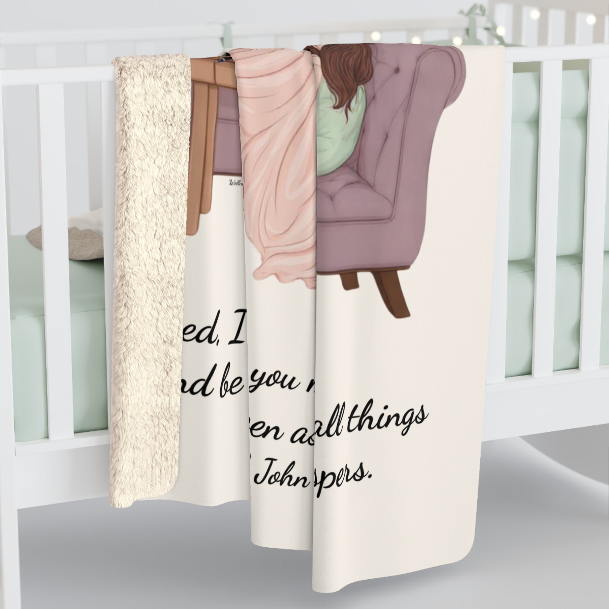 Slow-Living Corner Sherpa Fleece Blanket — (Beige Color) Cozy Spiritual Sanctuary Throw with Scripture