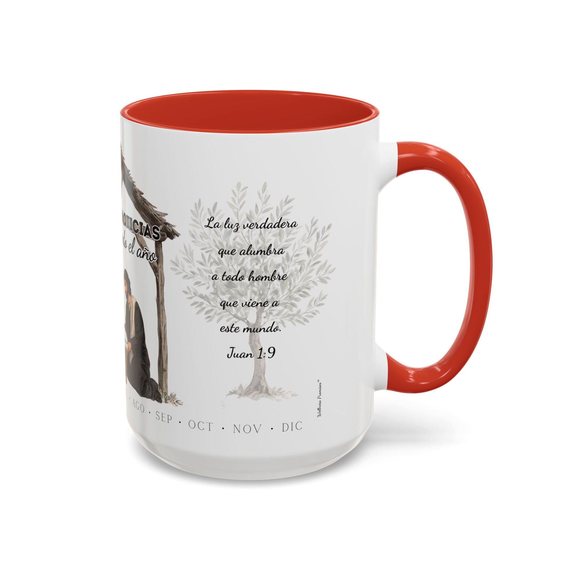 Year Round Nativity Coffee Mug — "Las Buenas Noticias se Celebran todo el Año" Watercolor Christian Christmas Mug