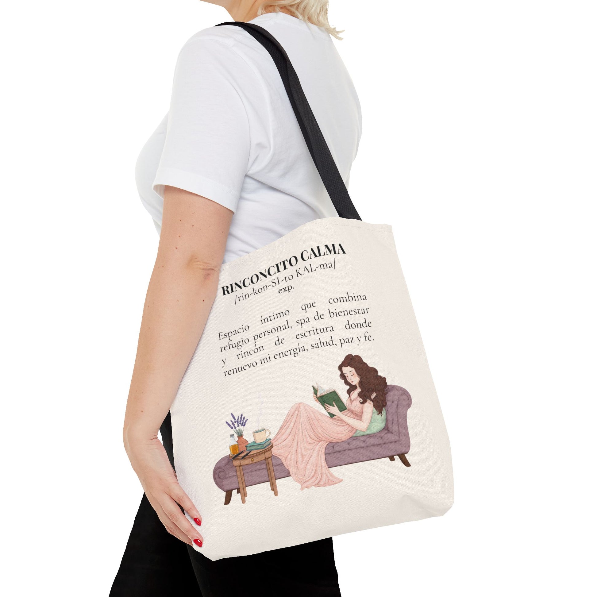 Slow-Living Corner Tote Bag — "Rinconcito Calma" Spanish Cozy Self-Care AOP Canvas Tote with Faith Quotes