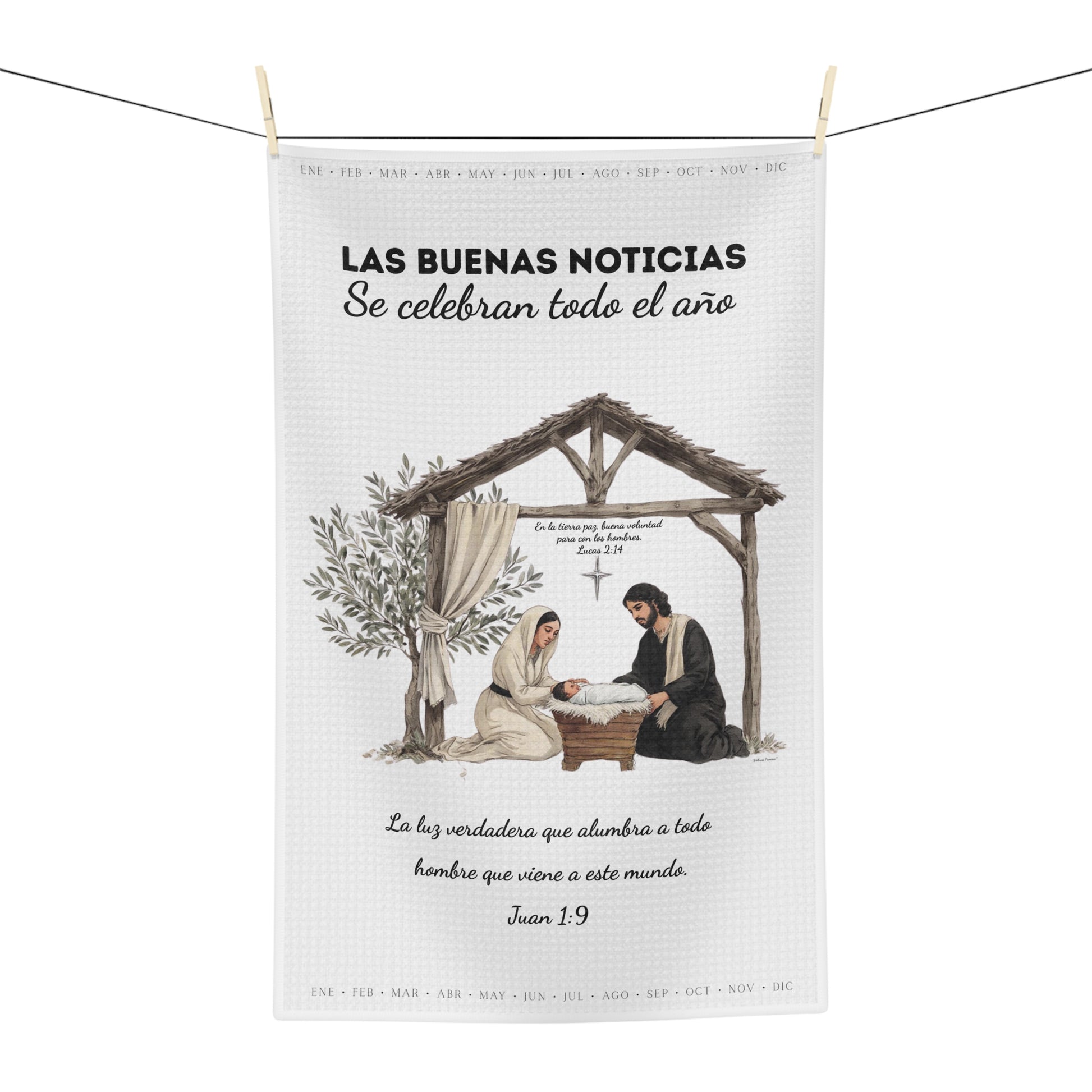Nativity Tea Towel — "Las Buenas Noticias se celebran todo el año" Year-Round Christmas Kitchen Towel