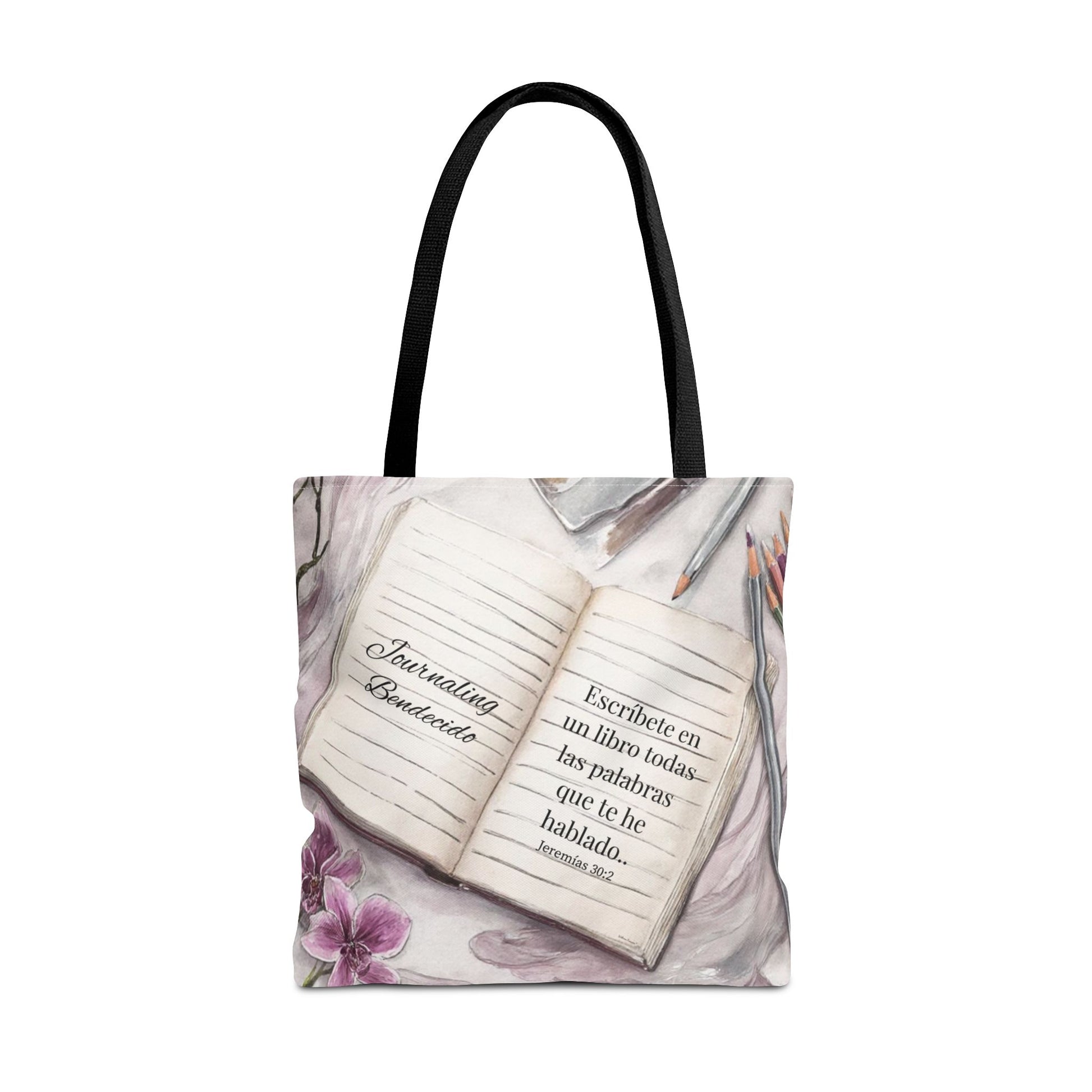 Inspirational Journal Art Tote Bag — "Escribe la Visión" Orchid & Bible Quote Tote (Spanish)