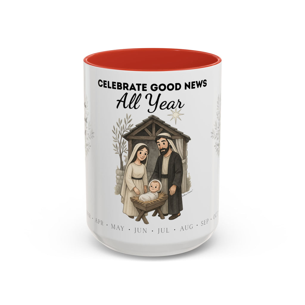 Nativity Coffee Mug Year-Round — "Celebrate Good News All Year" Christian Christmas Mug