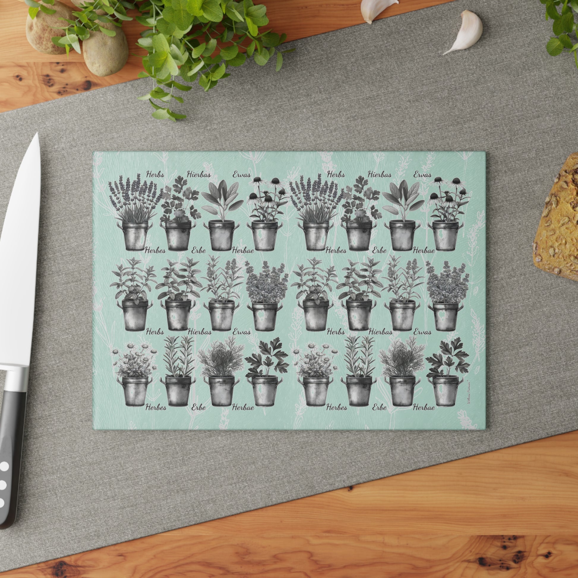 Herb Garden Black & White Glass Cutting Board, Kitchen Decor, Gift for Home Chefs, Mother's Day, Cooking Essentials, Plant Lover Gift