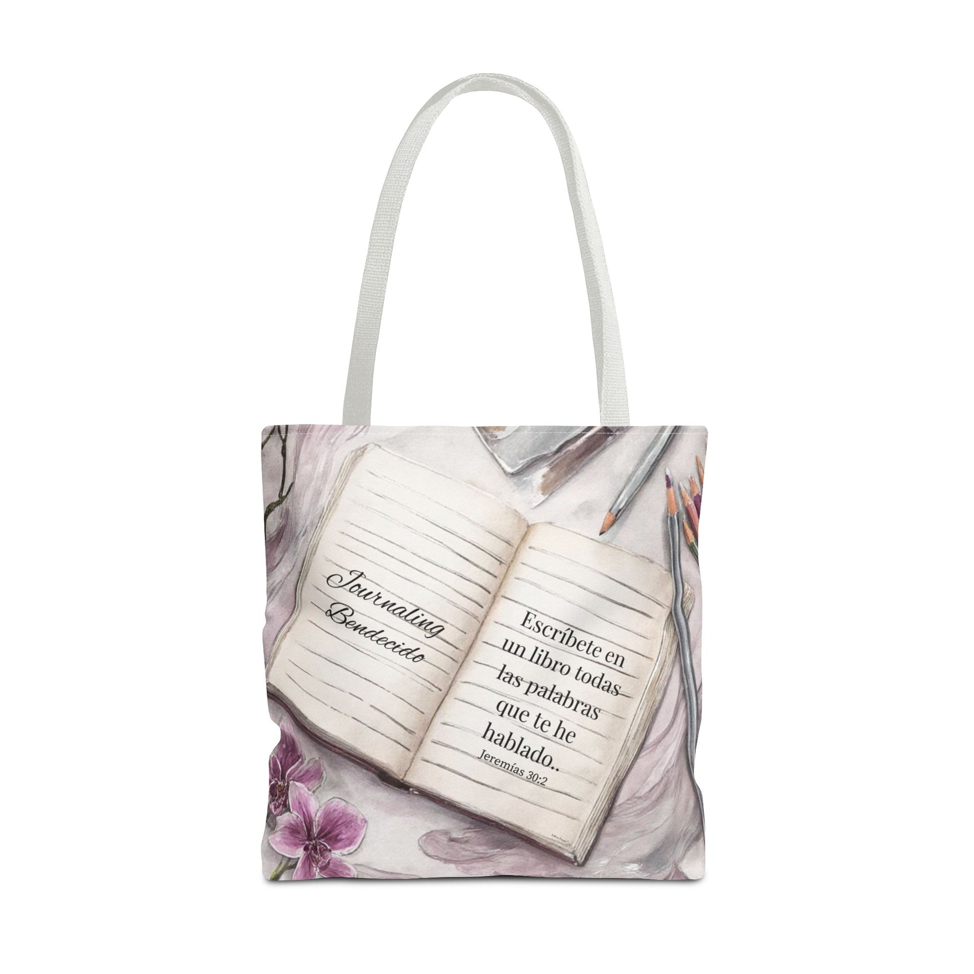 Inspirational Journal Art Tote Bag — "Escribe la Visión" Orchid & Bible Quote Tote (Spanish)