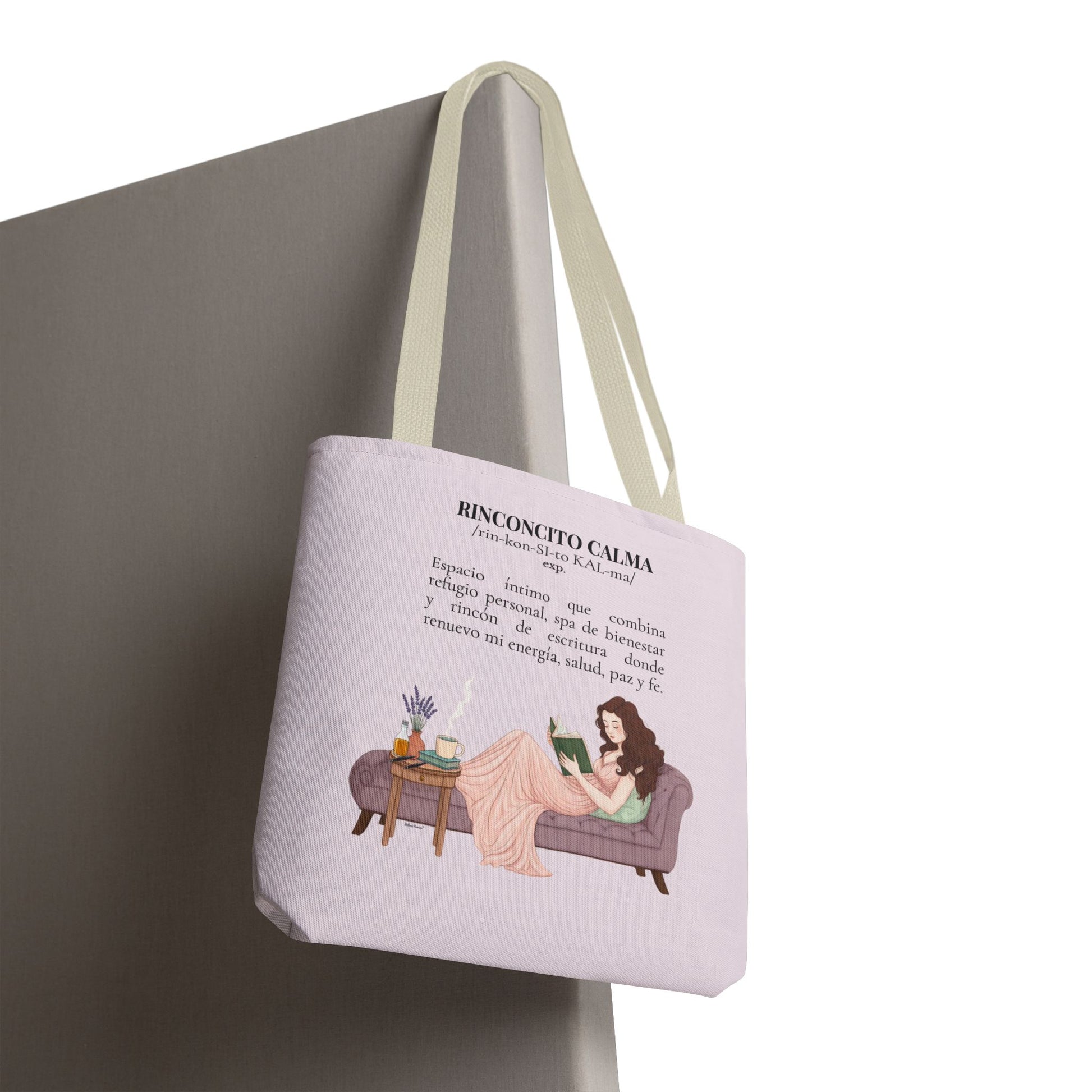 Slow-Living Corner Tote Bag — "Rinconcito Calma" Spanish Cozy Self-Care AOP Canvas Tote with Faith Quotes (Pink)