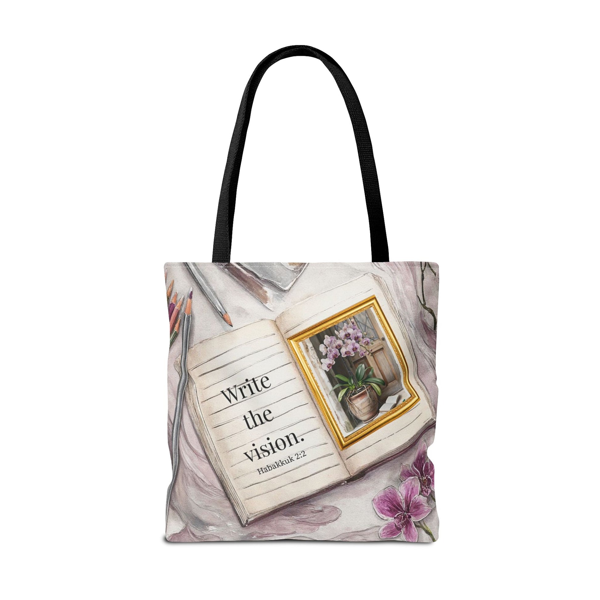 Inspirational Journal Art Tote Bag — "Write the Vision" Orchid & Bible Quote Tote