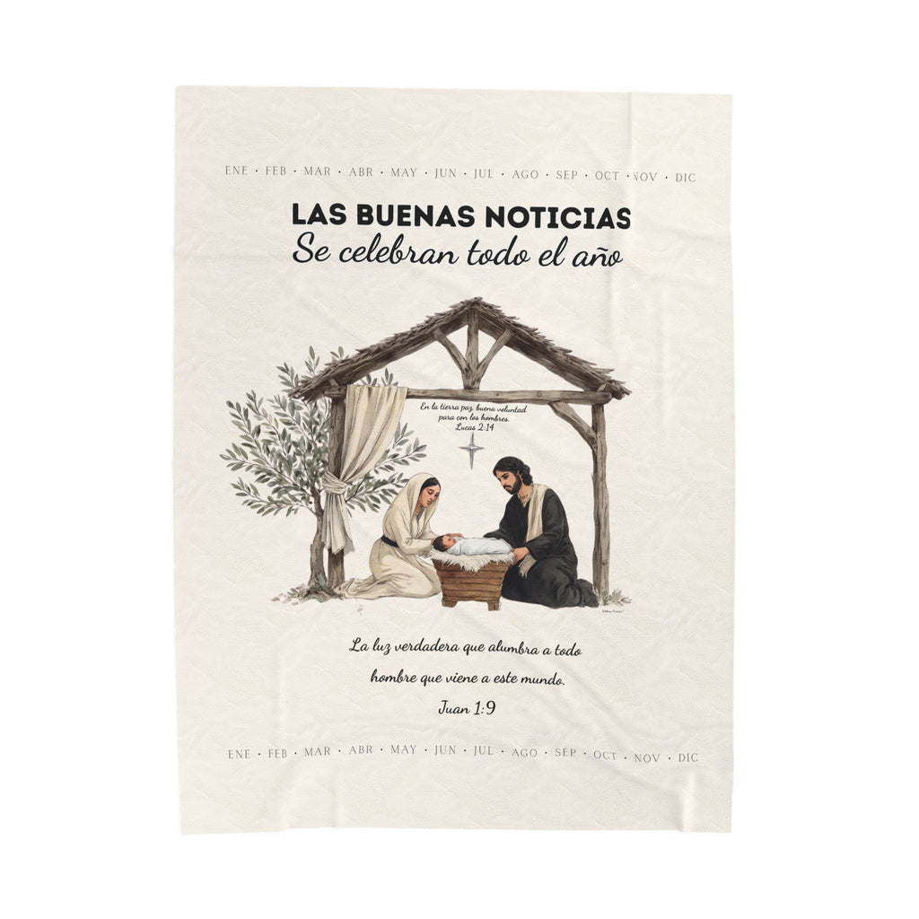 Nativity Year Round Velveteen Blanket (Cream Color)- "Las Buenas Noticias" Spanish Nativity Throw