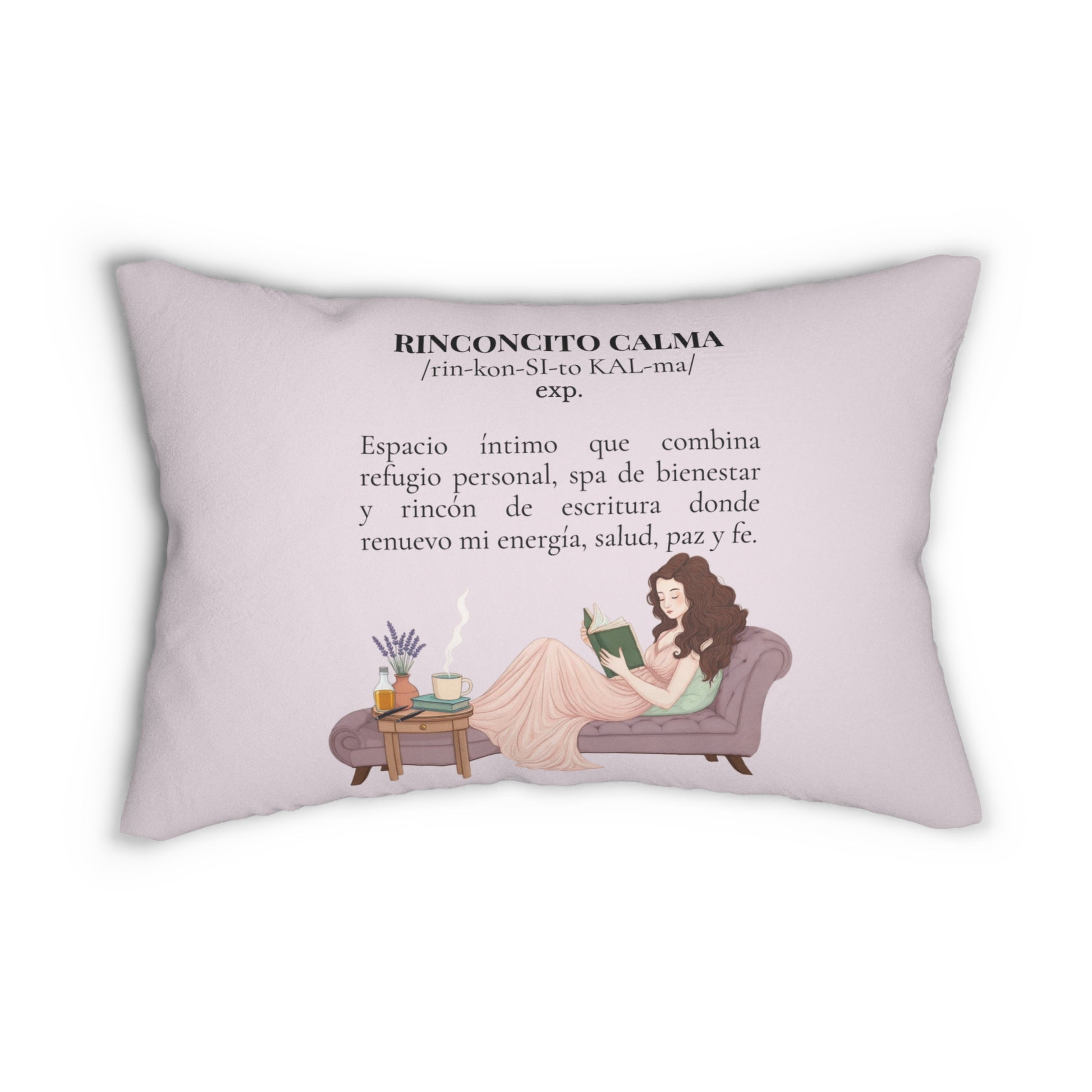 “Slow-Living Corner” & Lavender "Rinconcito Calma" Lumbar Pillow — Spanish Cozy Prayer Blessing (Pink)