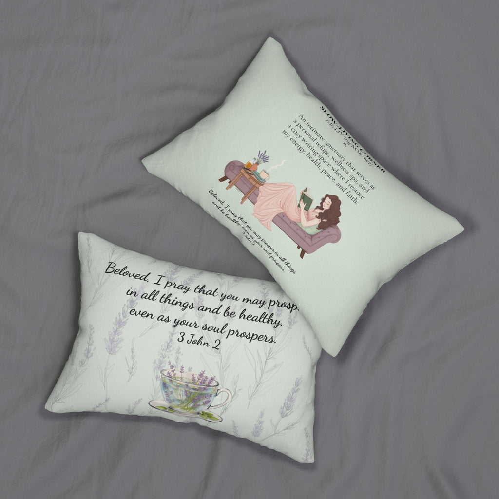 “Slow-Living Corner” & Lavender Reading Nook Lumbar Pillow — Cozy Prayer Blessing (Mint Green)