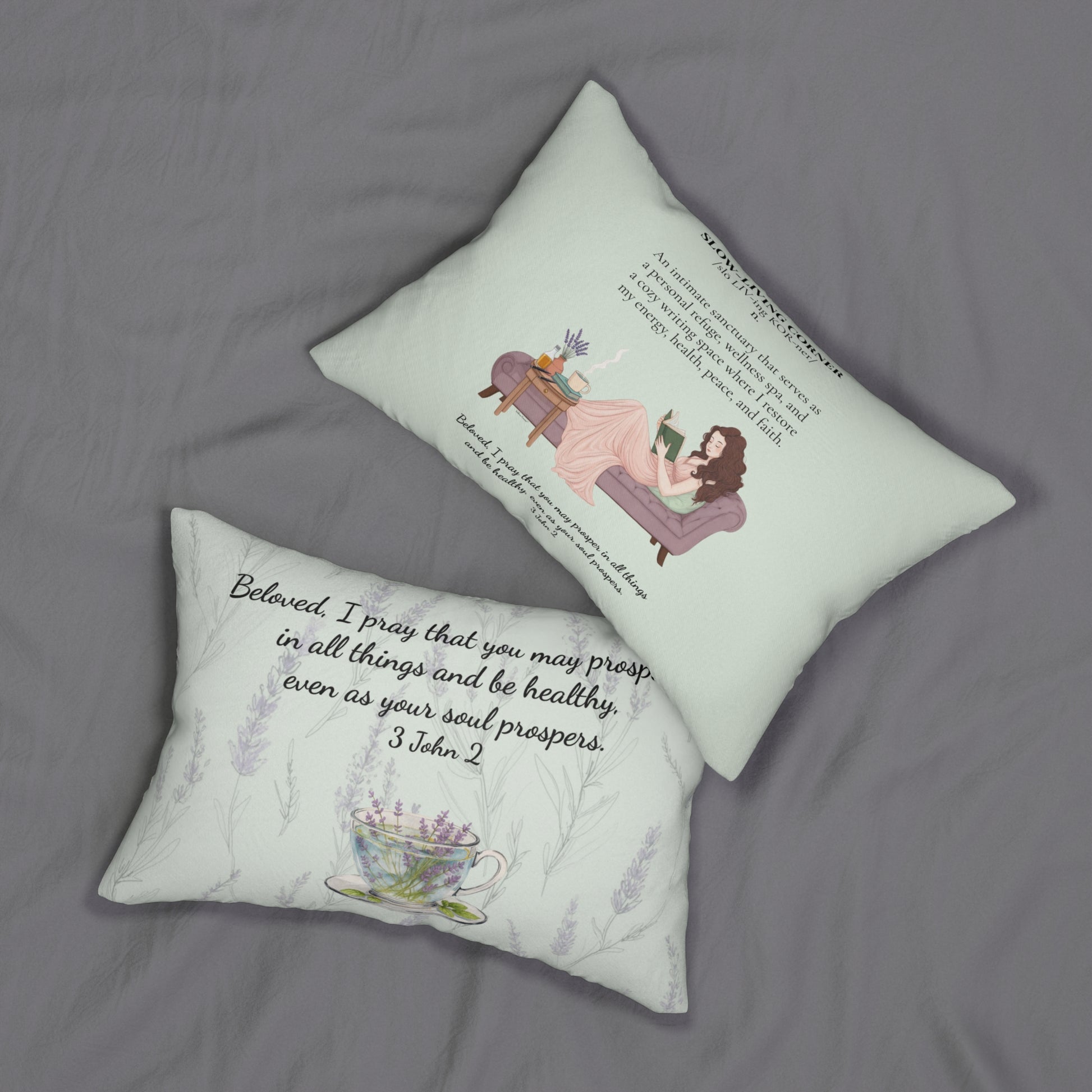 “Slow-Living Corner” & Lavender Reading Nook Lumbar Pillow — Cozy Prayer Blessing (Mint Green)