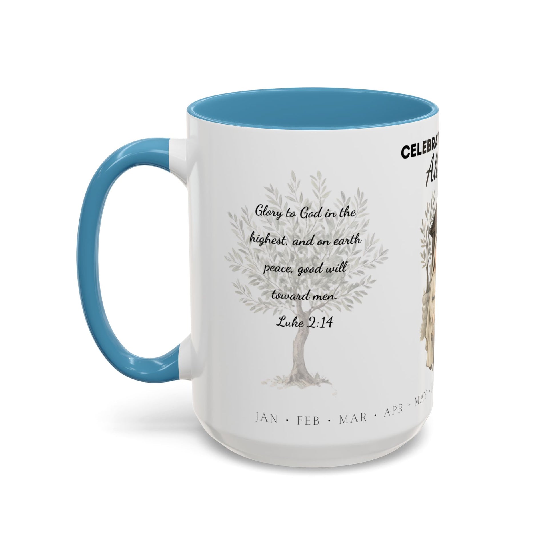 Nativity Coffee Mug Year-Round — "Celebrate Good News All Year" Christian Christmas Mug