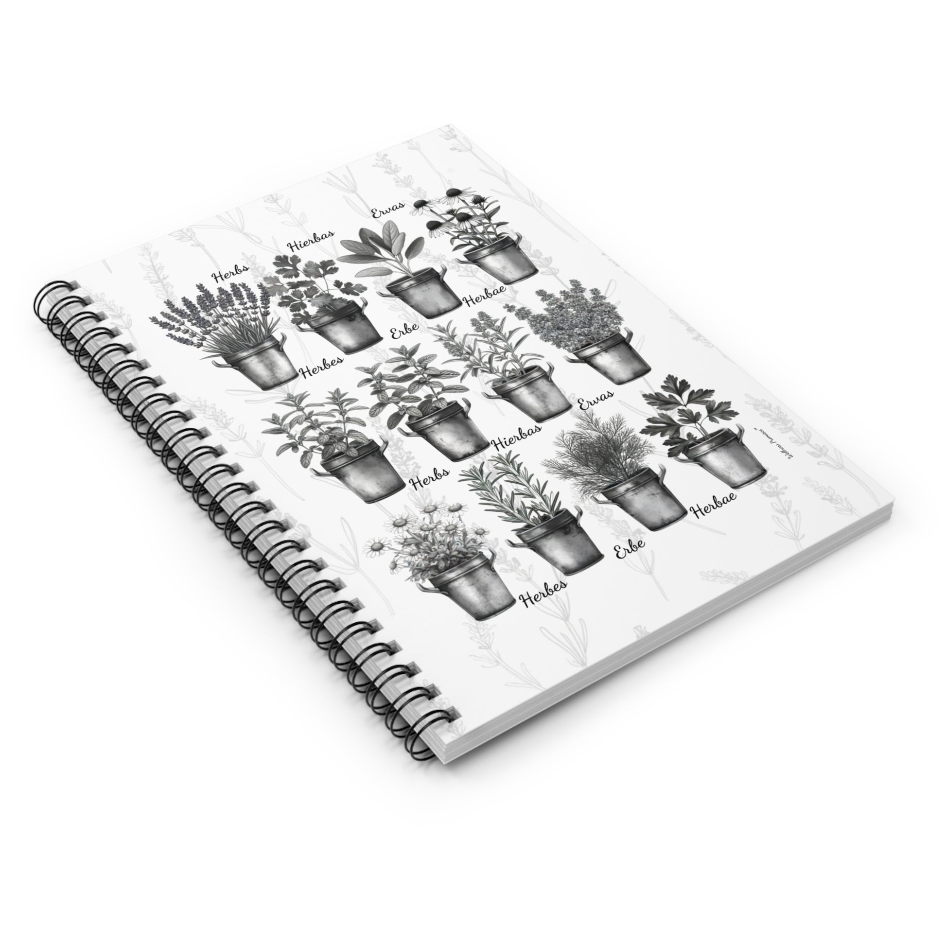 Herb Garden Black and White Ruled Spiral Notebook - Rustic Botanical Design, Floral Journal, Cute Planner, Gift for Gardeners, Nature Lovers