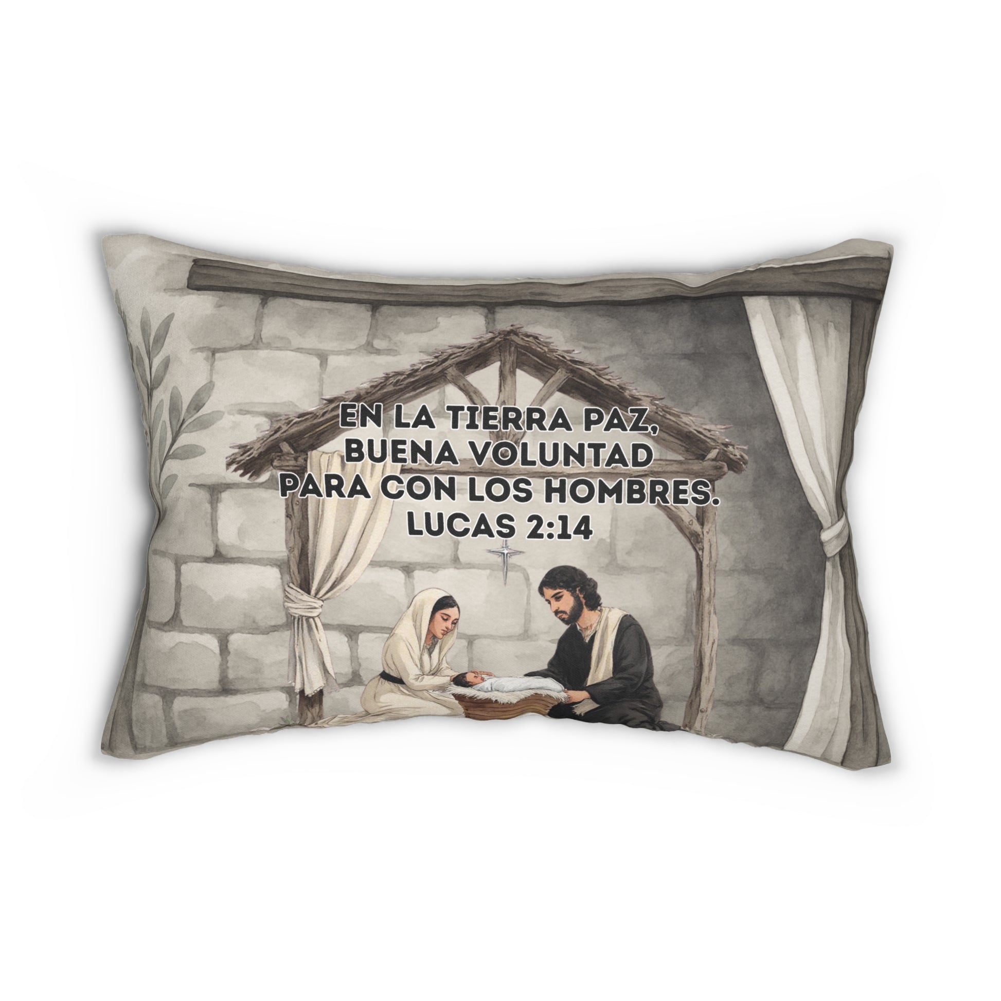 Nativity Lumbar Pillow — (Cream Color) "Las Buenas Noticias" Spanish Year Round Christmas Decor with Bible Verse