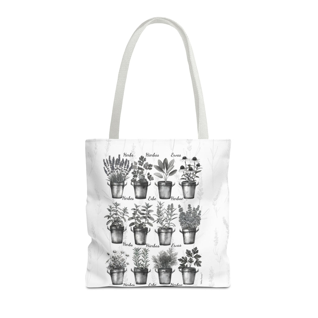 6 Language Black & White Herbal Garden Tote Bag | Botanical Shopping Tote | Eco-Friendly Grocery Bag, Plant Lover Gift, Garden Decor, Mothers Day