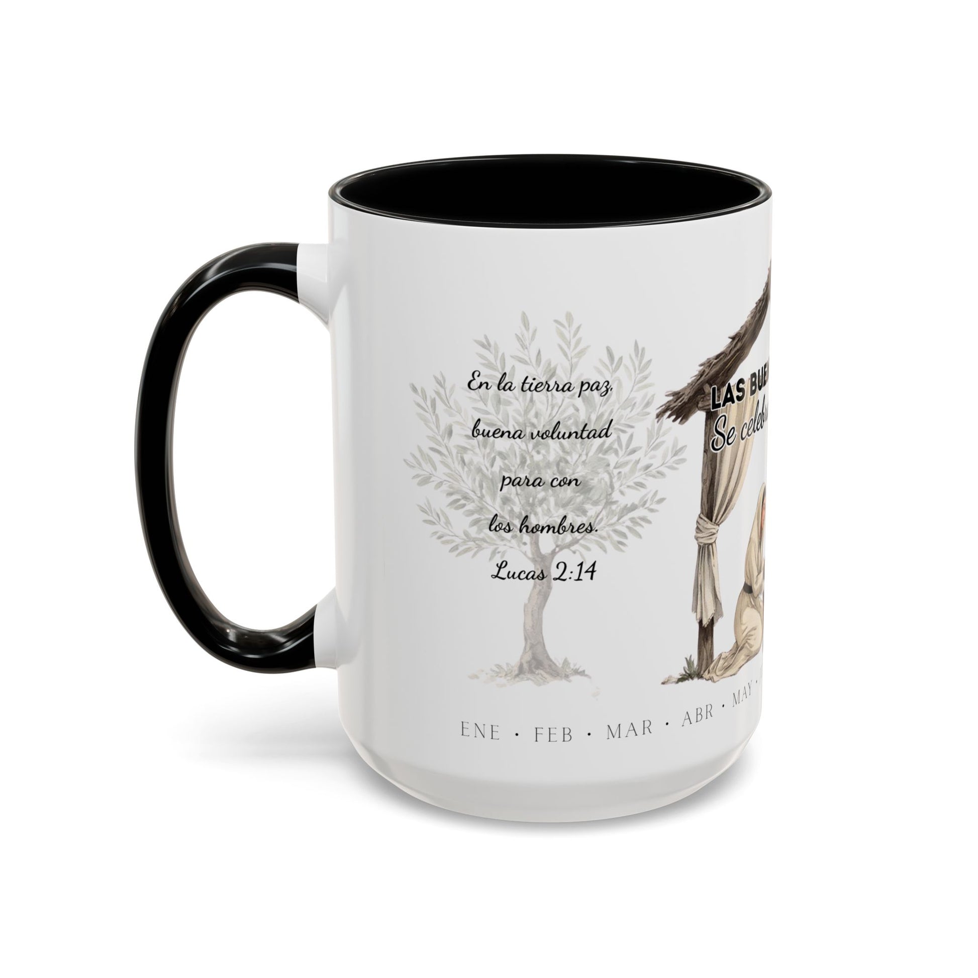 Year Round Nativity Coffee Mug — "Las Buenas Noticias se Celebran todo el Año" Watercolor Christian Christmas Mug