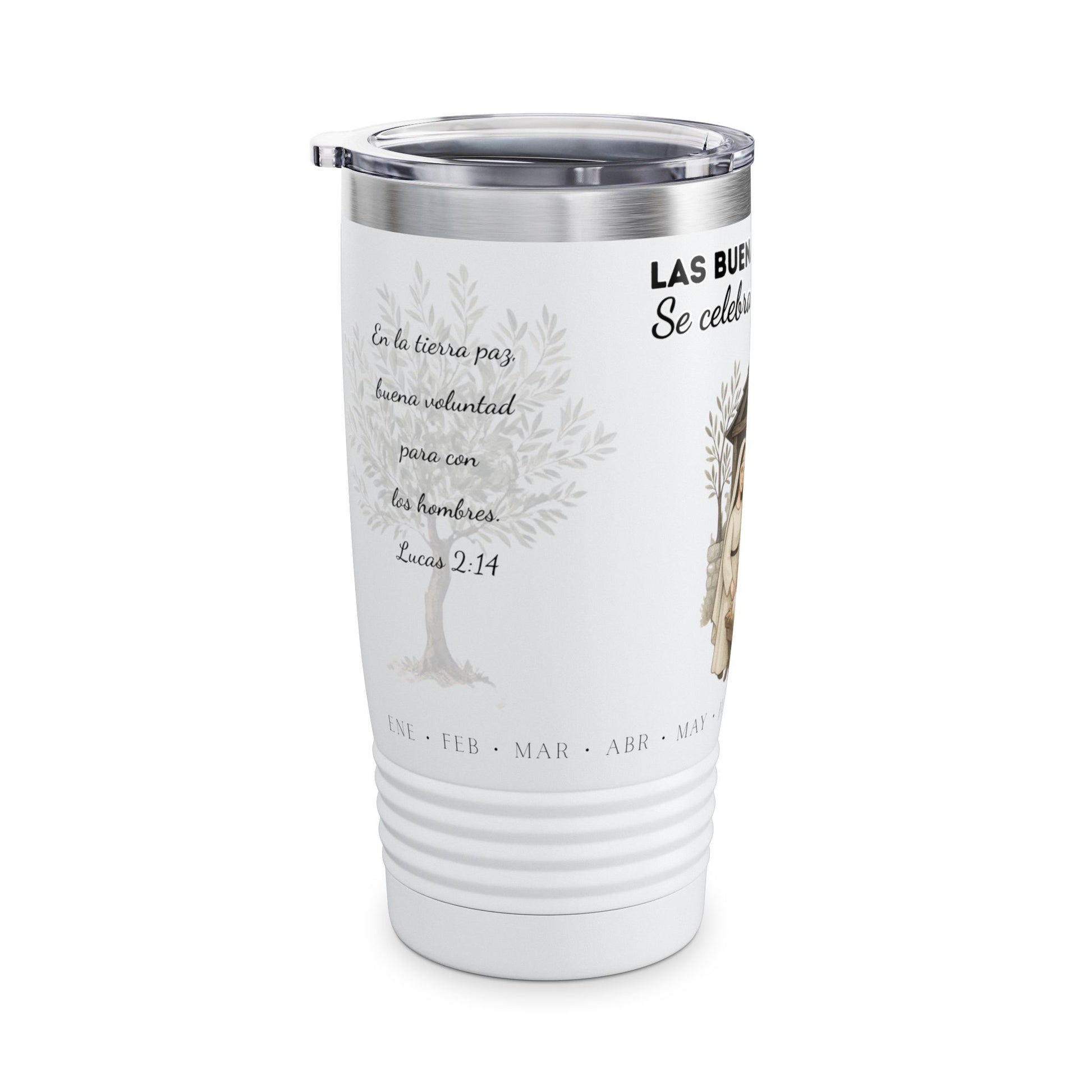 Nativity Ringneck Tumbler Year Round Use— Spanish "¡Las buenas noticias se celebran todo el año!" 20oz