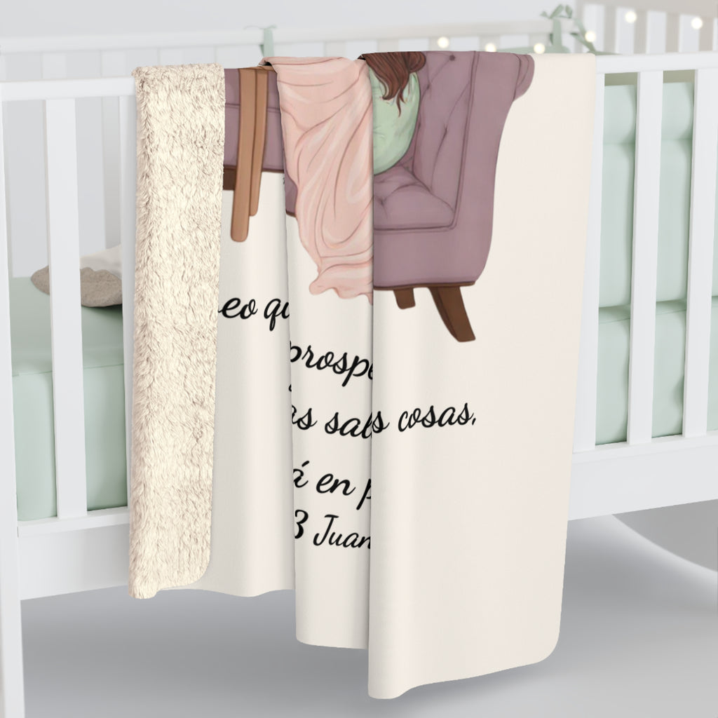 Sherpa Blanket - "Rinconcito Calma" (Green) Cozy Spanish Bible Self-Care Throw with Reading Girl Design
