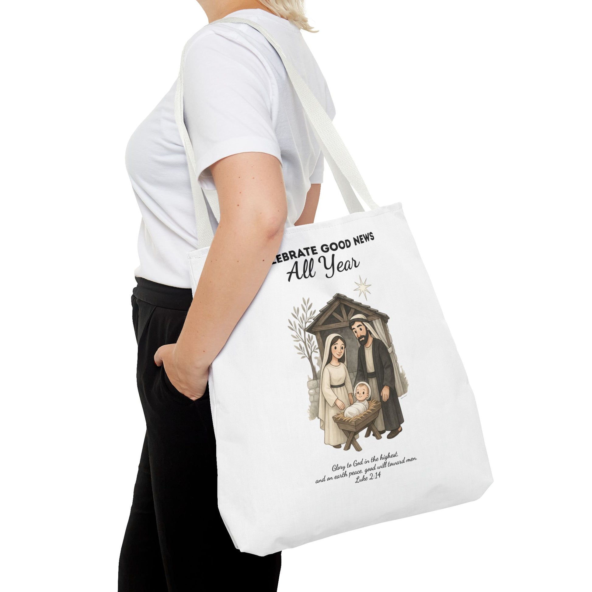 Nativity Tote Bag Year Round — (White Color) "Celebrate Good News All Year" Nativity Tote