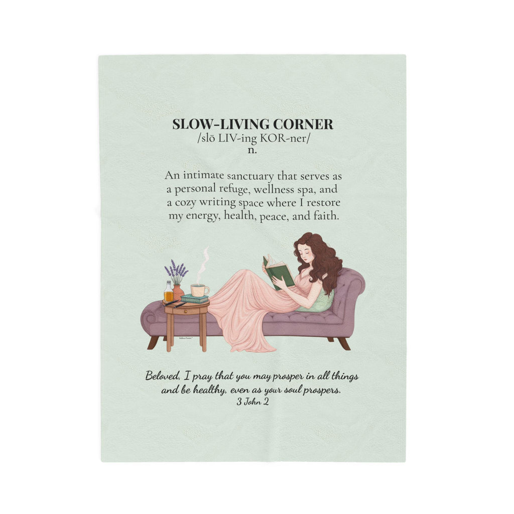 Slow-Living Corner Velveteen Plush Blanket — Cozy Reading Nook Throw with Bible Verse (Mint Green)