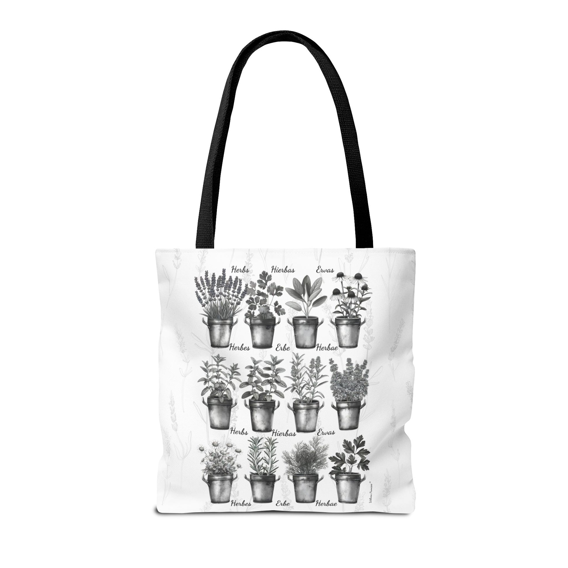 6 Language Black & White Herbal Garden Tote Bag | Botanical Shopping Tote | Eco-Friendly Grocery Bag, Plant Lover Gift, Garden Decor, Mothers Day