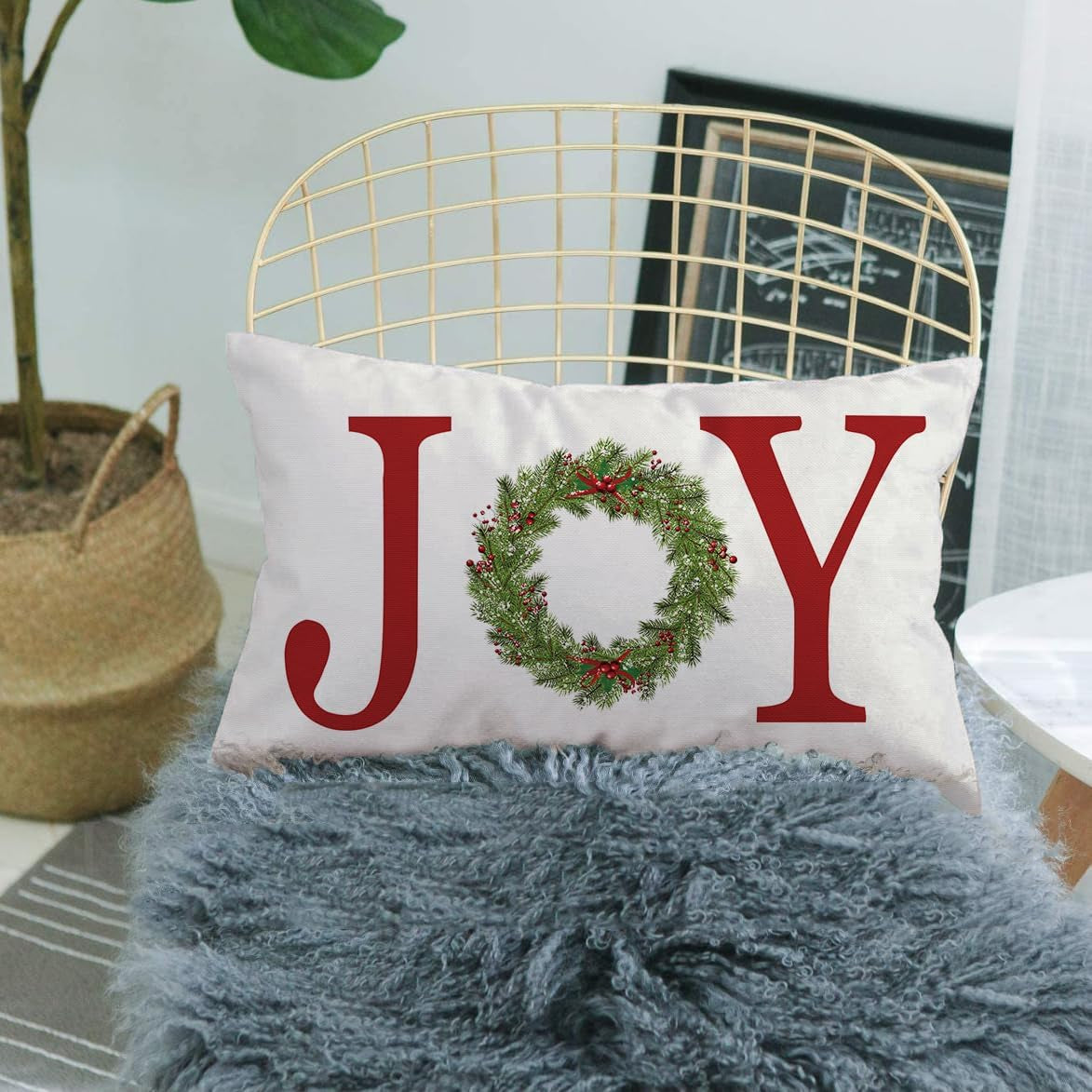 Joy with Wreath Throw Pillow Cover Farmhouse Christmas Decor Cuhion Cover Buffalo Check Trees Pillow Cover Farm Decor 20X12 Inch Outdoor Pillow Cushion,