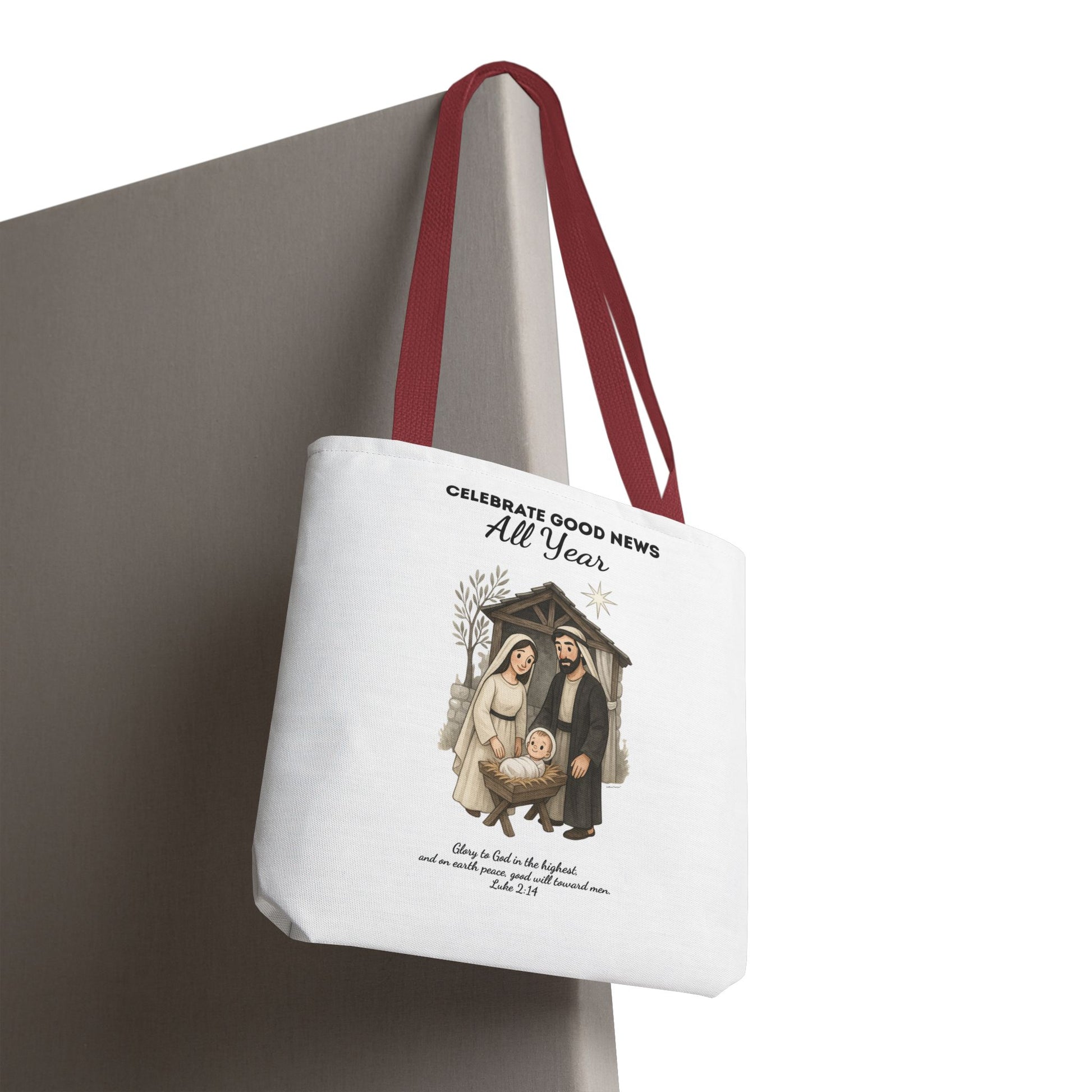 Nativity Tote Bag Year Round — (White Color) "Celebrate Good News All Year" Nativity Tote