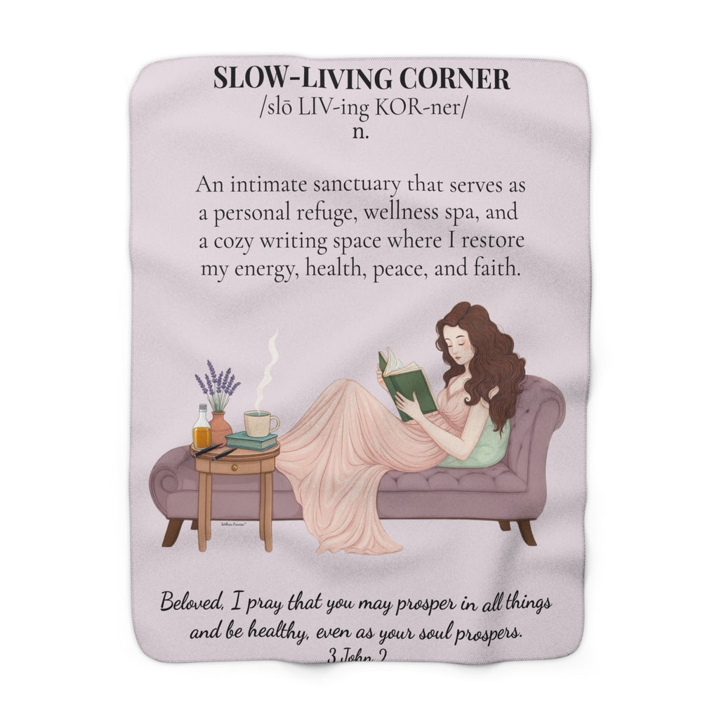 Slow-Living Corner Sherpa Fleece Blanket — Mauve Cozy Spiritual Sanctuary Throw with Scripture