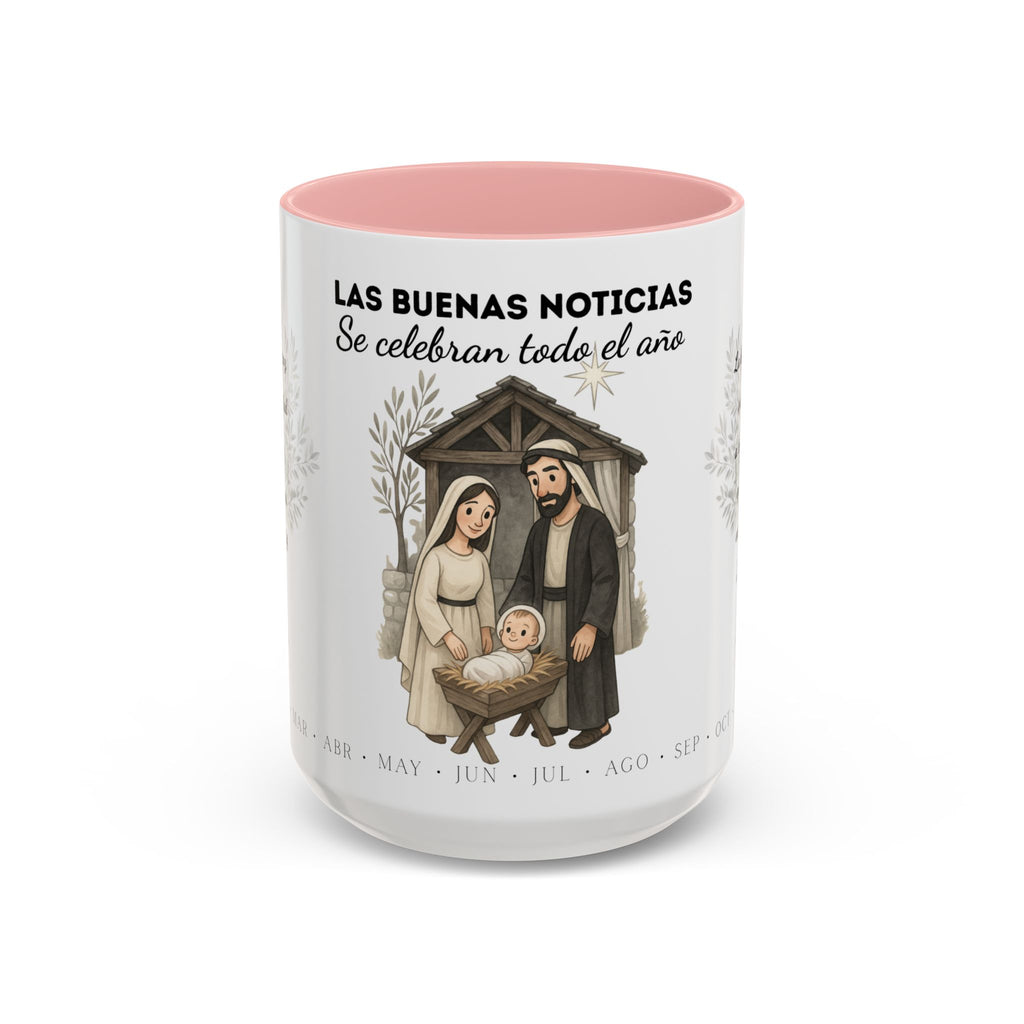 Year Round Nativity Coffee Mug — "Las Buenas Noticias se Celebran todo el Año" Christian Christmas Mug