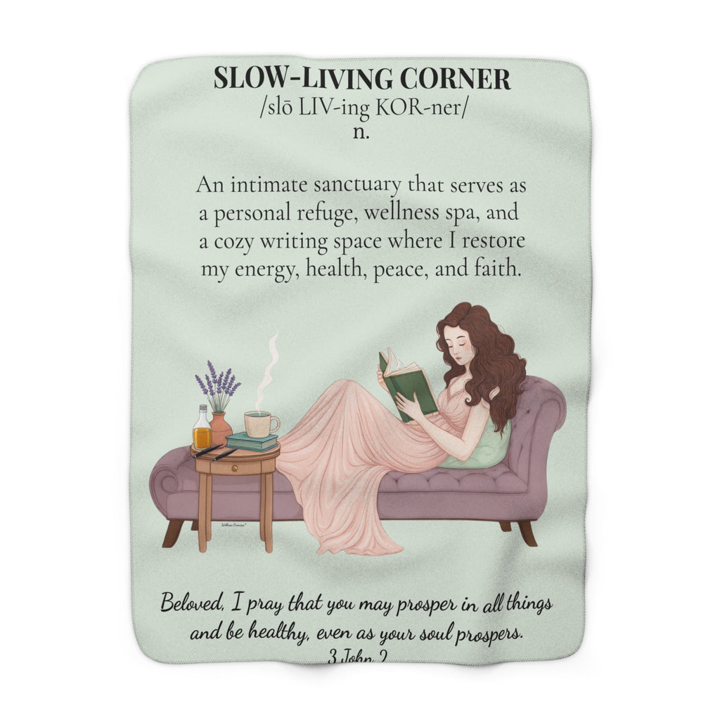 Slow-Living Corner Sherpa Fleece Blanket — Cozy Spiritual Sanctuary Throw with Scripture