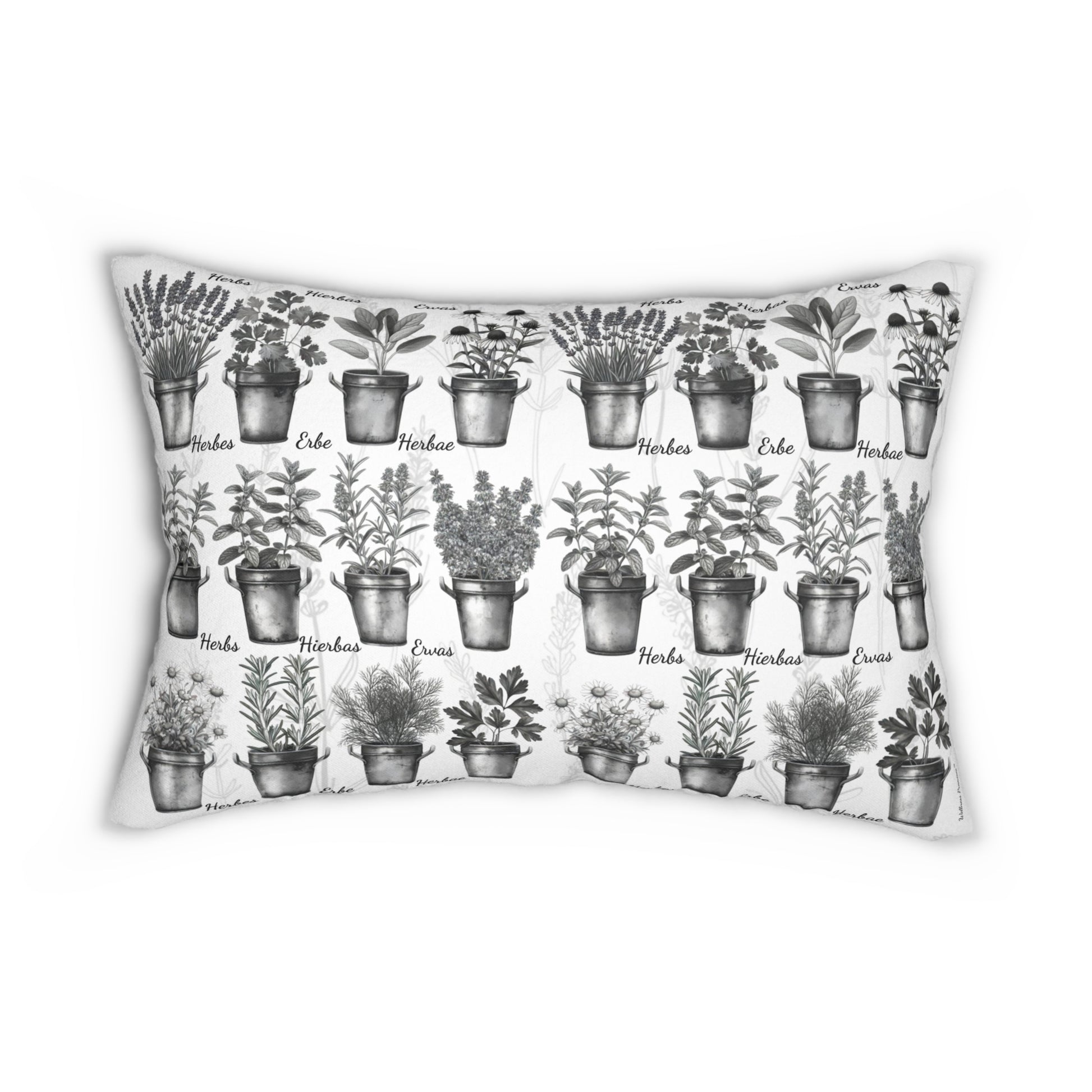 Herbal 6 Languages Garden Lumbar Pillow, Black & White Floral Cushion, Home Decor, Housewarming Gift, Plant Lover's Gift, Decorative Pillow for Every Occasion