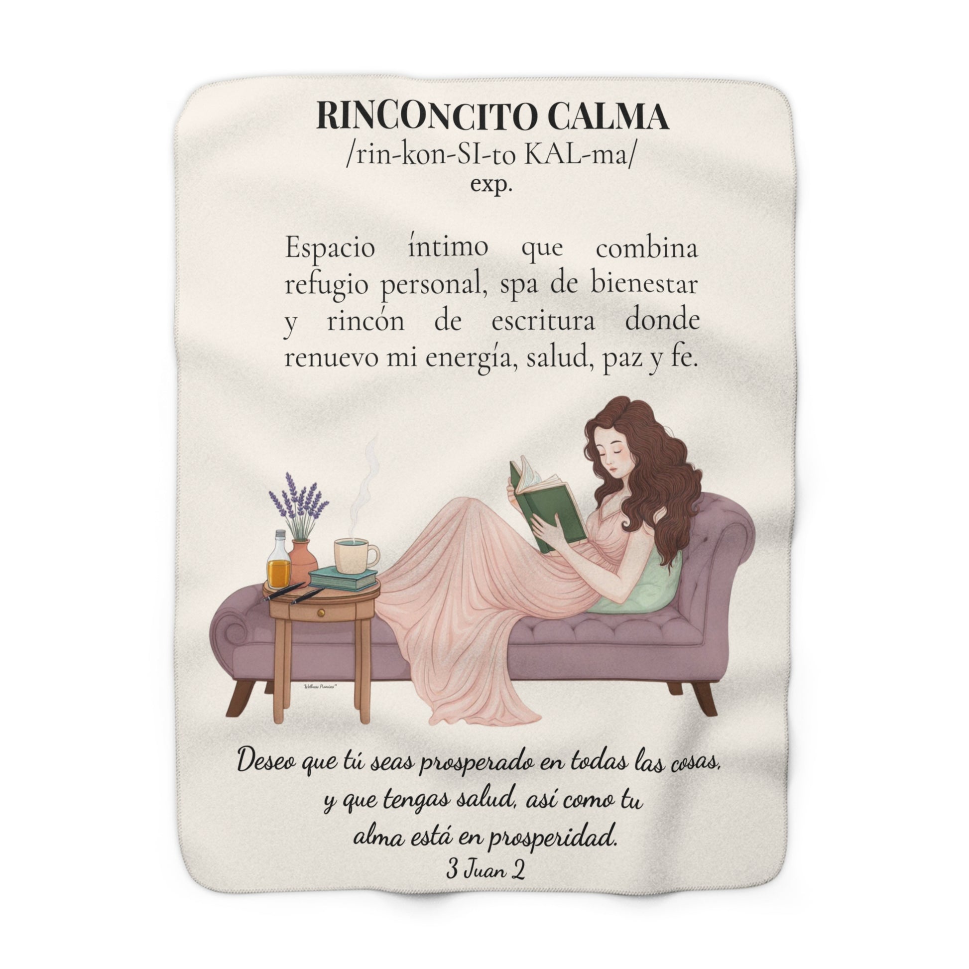 Sherpa Blanket - "Rinconcito Calma" (Green) Cozy Spanish Bible Self-Care Throw with Reading Girl Design