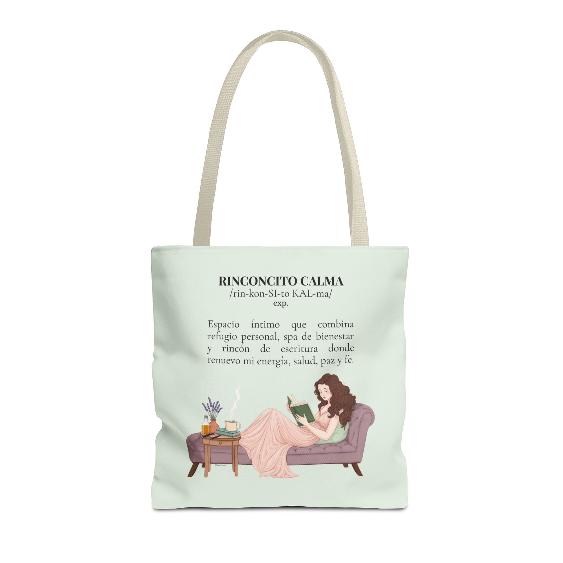 Slow-Living Corner Tote Bag — "Rinconcito Calma" Spanish Cozy Self-Care AOP Canvas Tote with Faith Quotes (Mint Green)