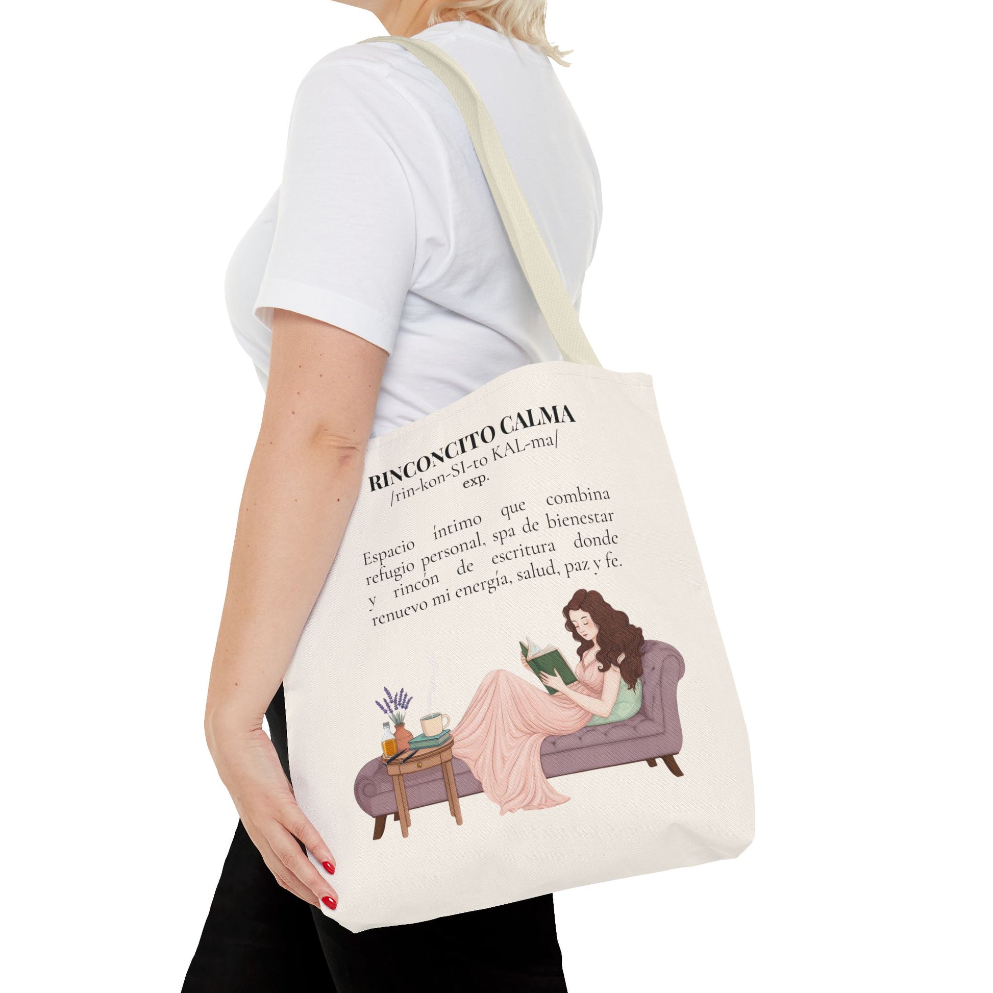 Slow-Living Corner Tote Bag — "Rinconcito Calma" Spanish Cozy Self-Care AOP Canvas Tote with Faith Quotes