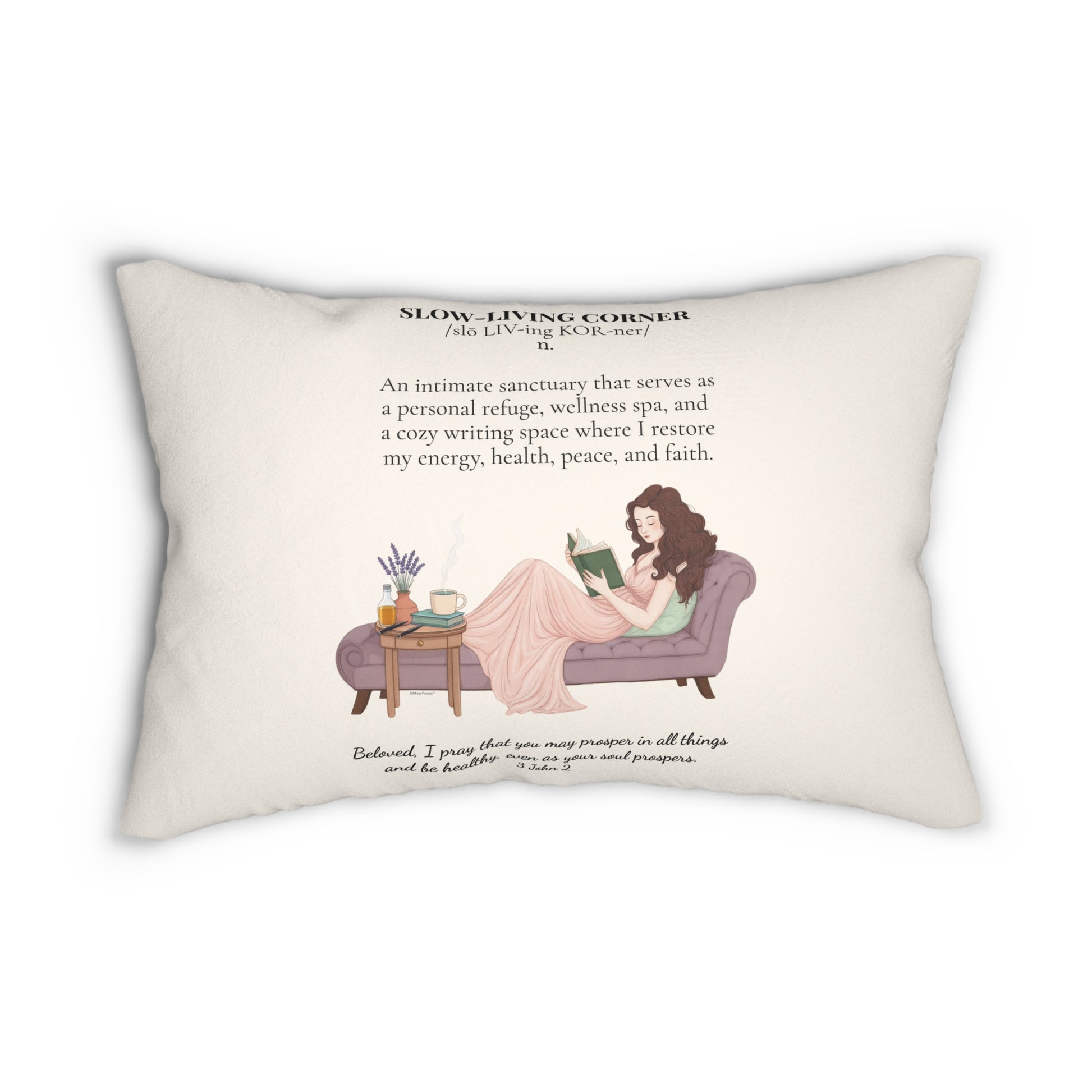 “Slow-Living Corner” & Lavender Reading Nook Lumbar Pillow — Cozy Prayer Blessing (Beige)