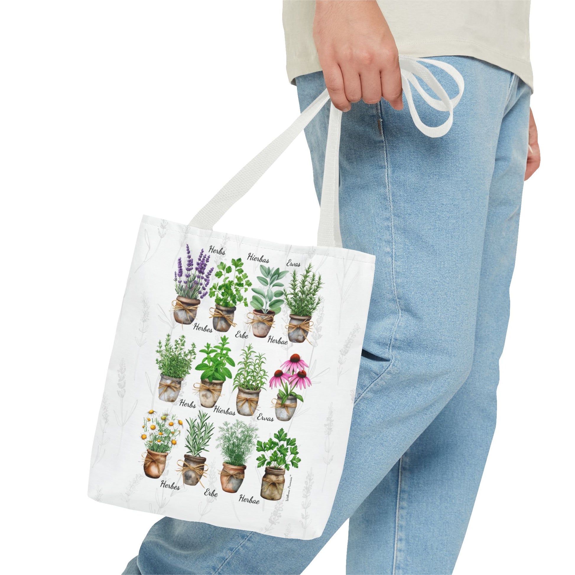 6 Language Watercolor Herbal Garden Tote Bag | Botanical Shopping Tote | Eco-Friendly Grocery Bag, Plant Lover Gift, Garden Decor, Mothers Day