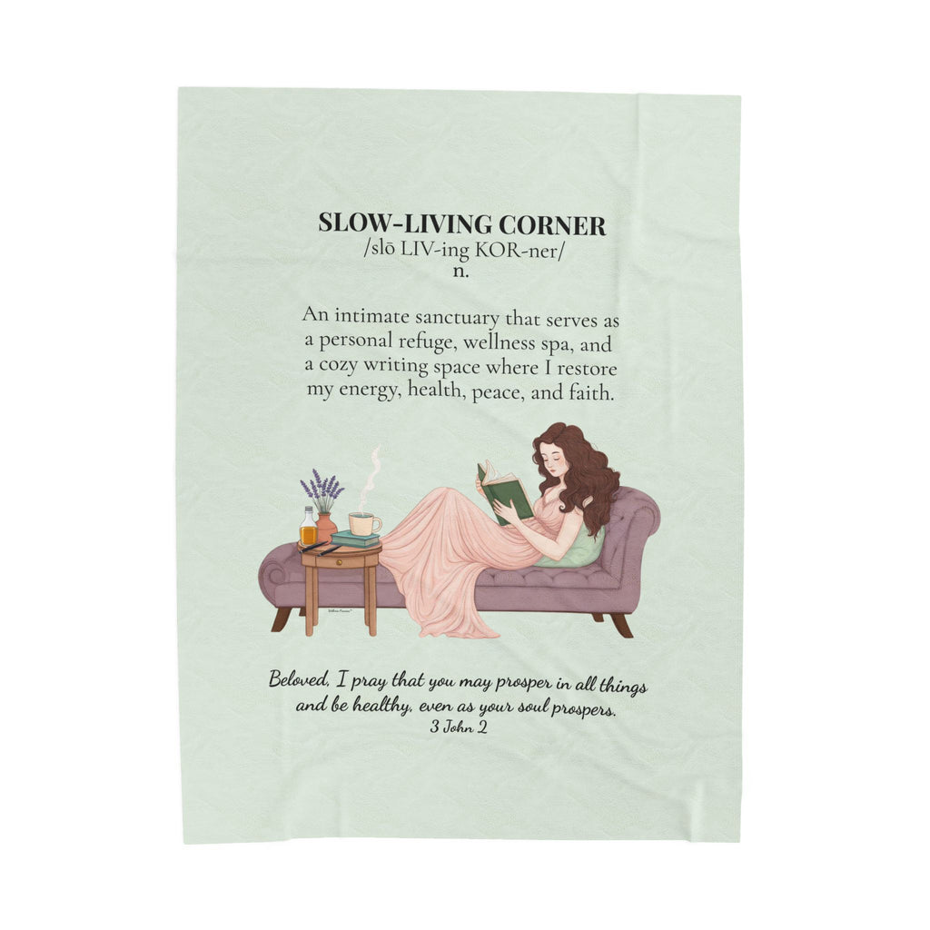Slow-Living Corner Velveteen Plush Blanket — Cozy Reading Nook Throw with Bible Verse (Mint Green)