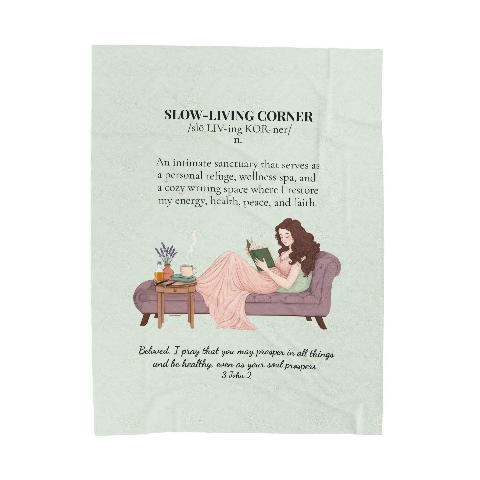 Slow-Living Corner Velveteen Plush Blanket — Cozy Reading Nook Throw with Bible Verse (Mint Green)