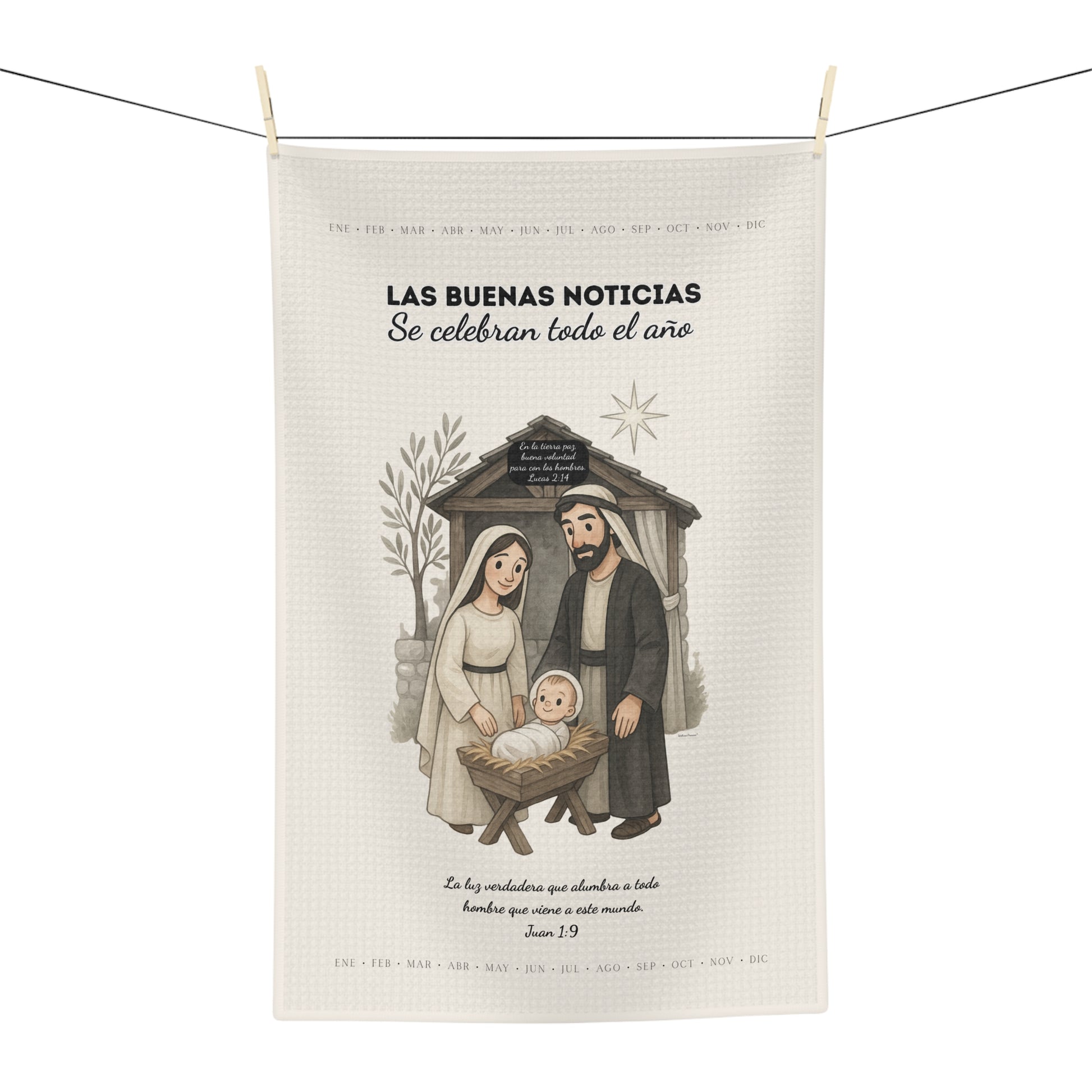 Nativity Tea Towel — (Cream Color) "Las Buenas Noticias se celebran todo el año" Year-Round Christmas Kitchen Towel