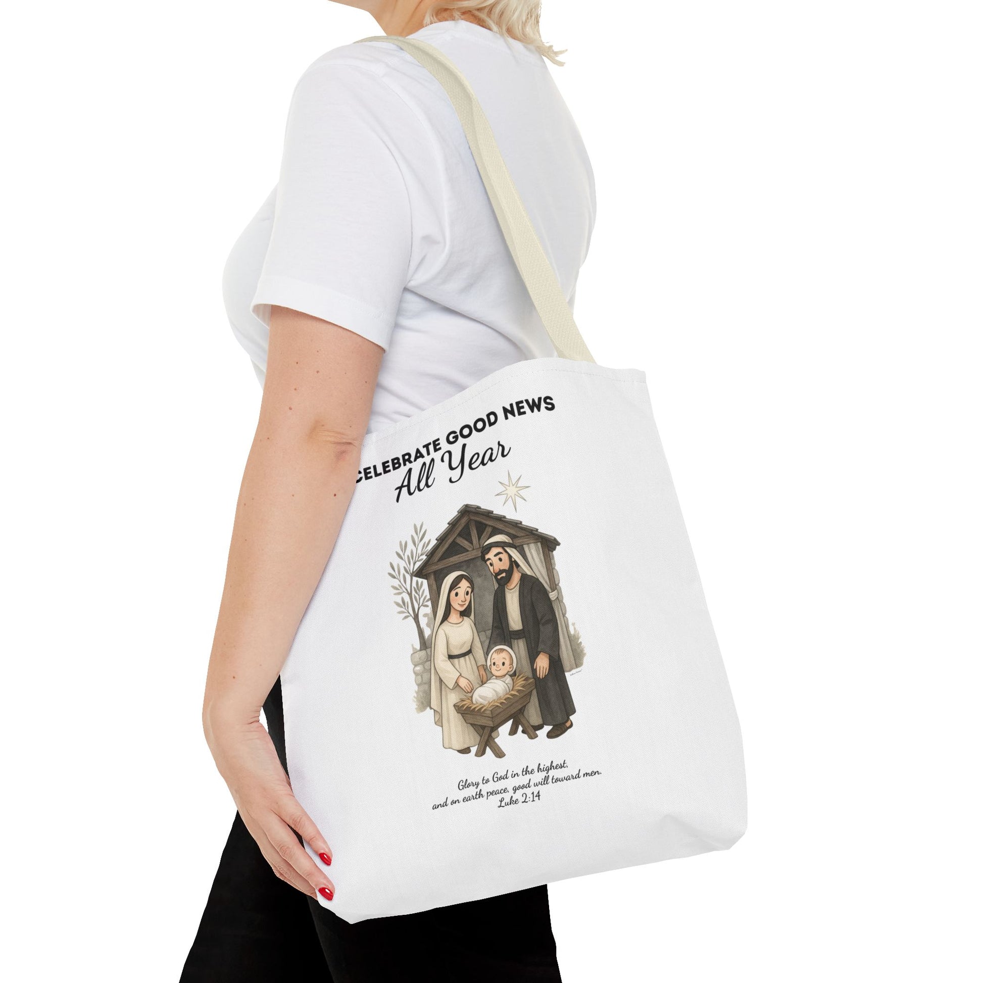 Nativity Tote Bag Year Round — (White Color) "Celebrate Good News All Year" Nativity Tote