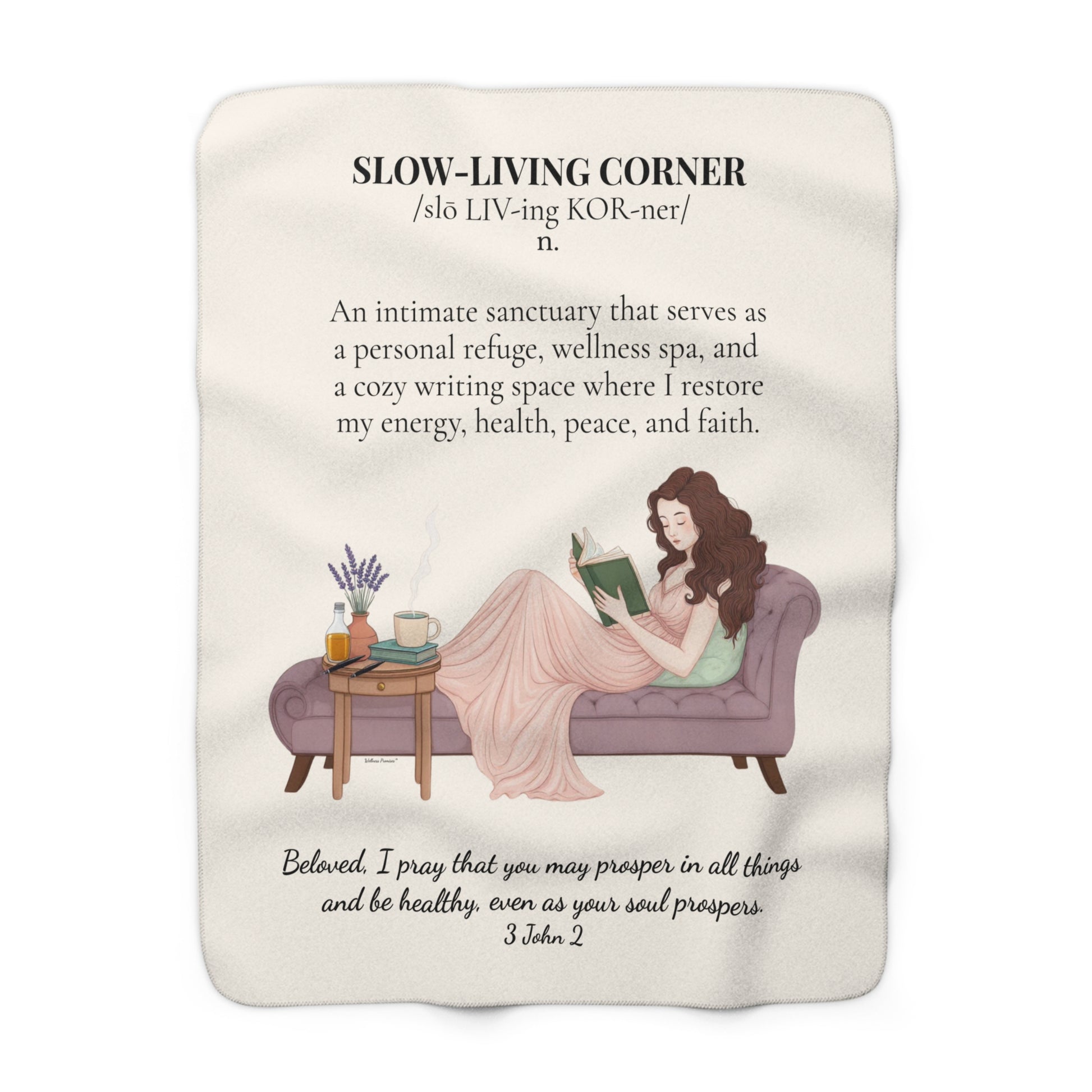 Slow-Living Corner Sherpa Fleece Blanket — (Beige Color) Cozy Spiritual Sanctuary Throw with Scripture