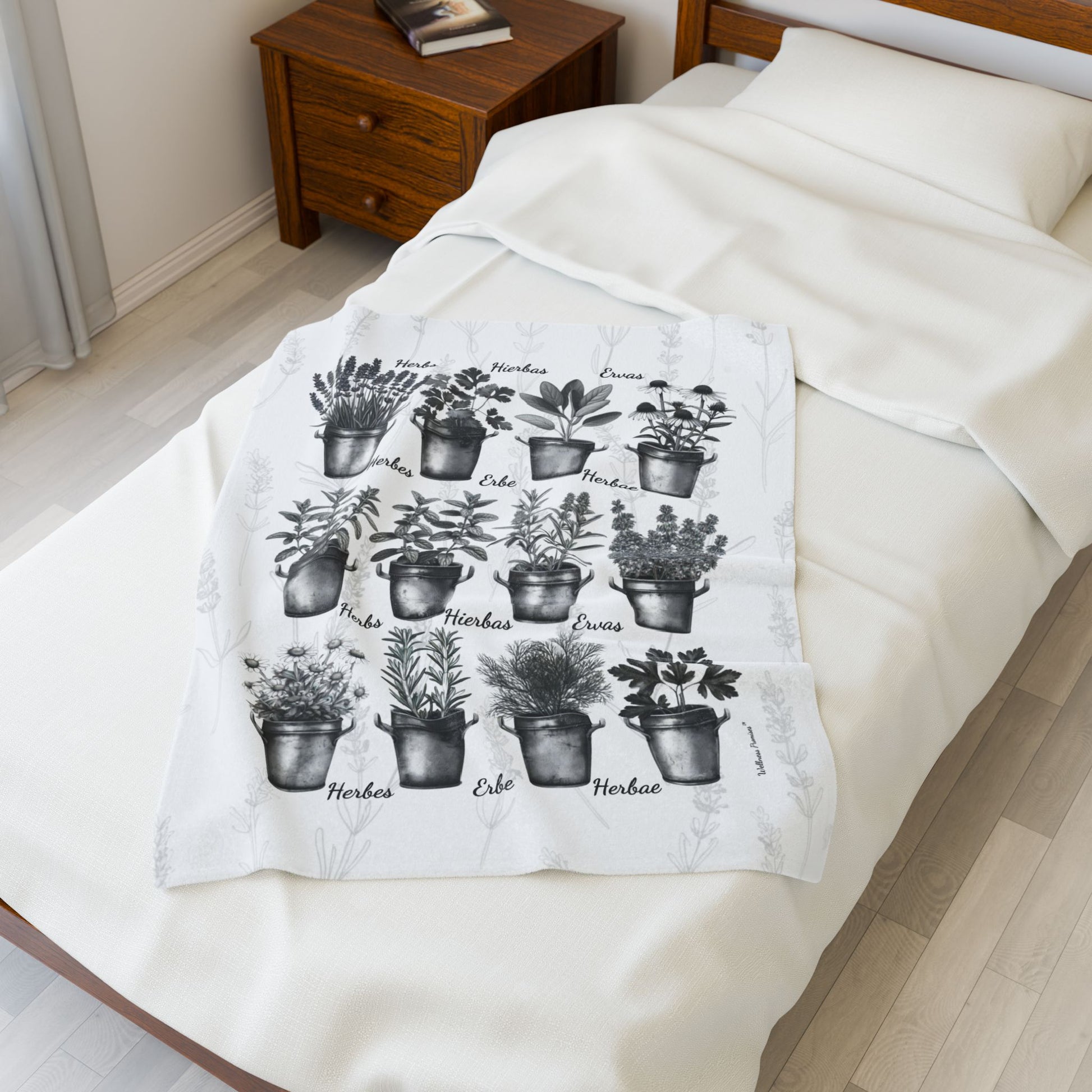 6 Languages Herbal Wellness Black and White Velveteen Plush Blanket | Cozy Home Decor