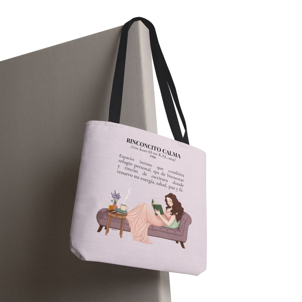 Slow-Living Corner Tote Bag — "Rinconcito Calma" Spanish Cozy Self-Care AOP Canvas Tote with Faith Quotes (Pink)