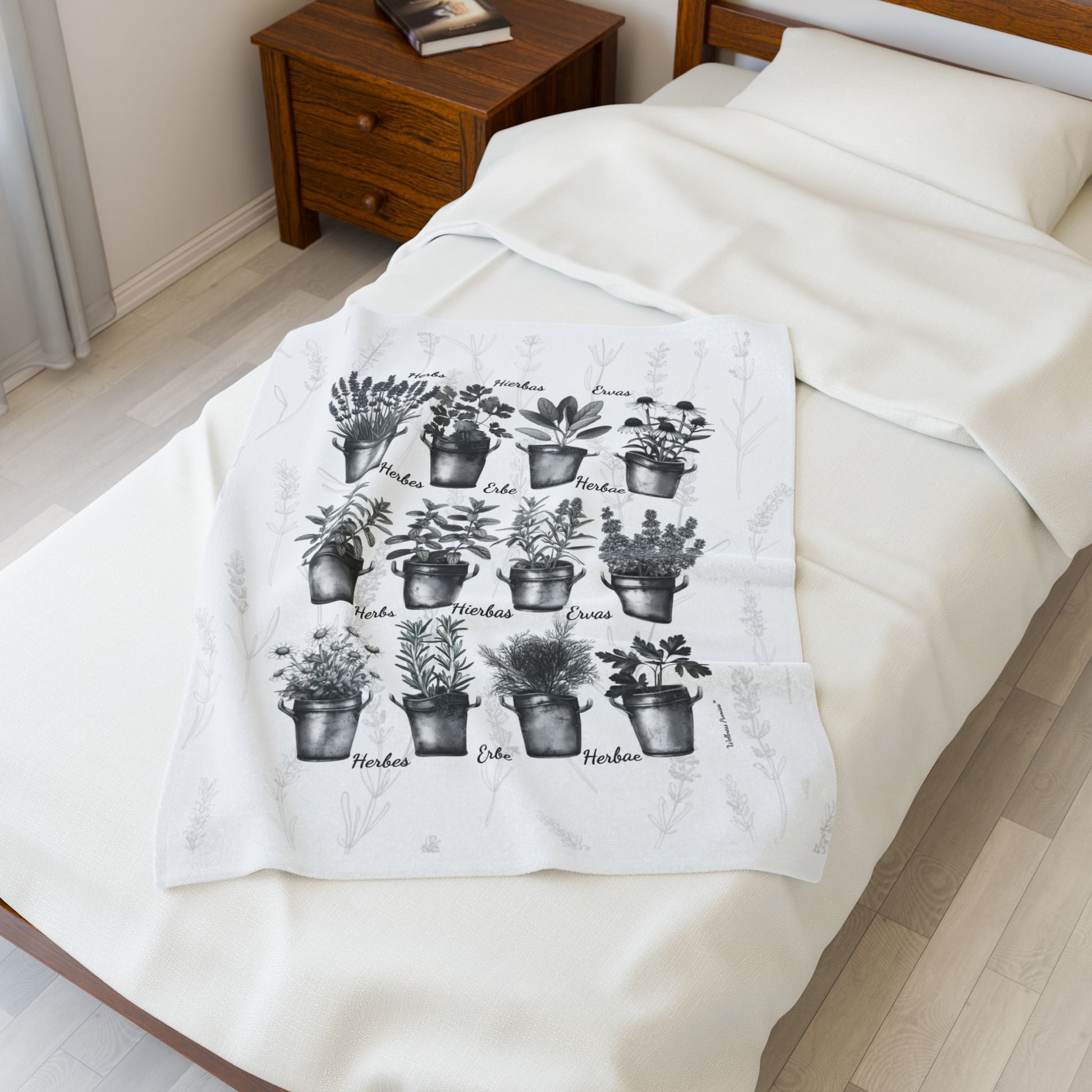 6 Languages Herbal Wellness Black and White Velveteen Plush Blanket | Cozy Home Decor, Perfect Gift for Gardeners, Plant Lovers, Housewarming, Relaxing Evenings